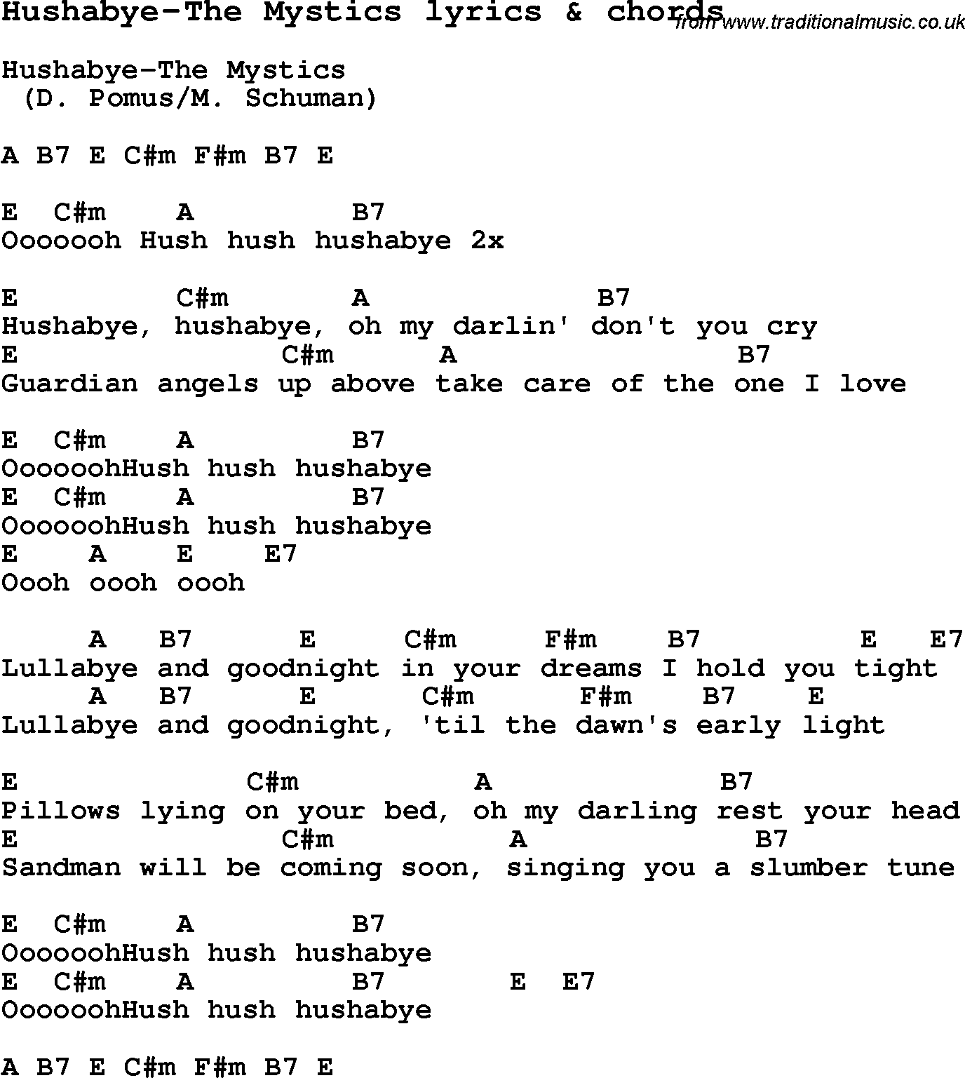 Love Song Lyrics for: Hushabye-The Mystics with chords for Ukulele, Guitar Banjo etc.