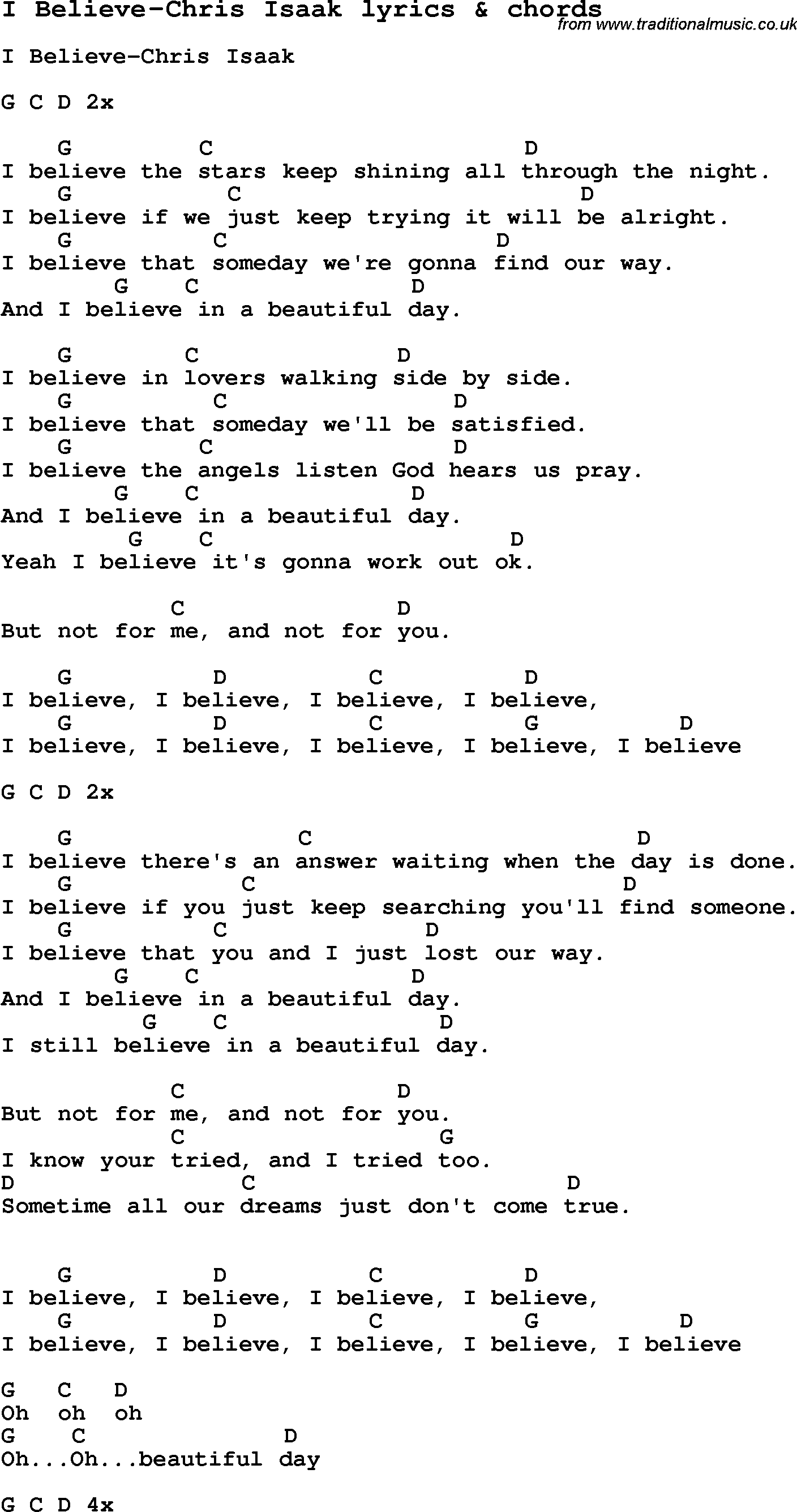 Love Song Lyrics for: I Believe-Chris Isaak with chords for Ukulele, Guitar Banjo etc.