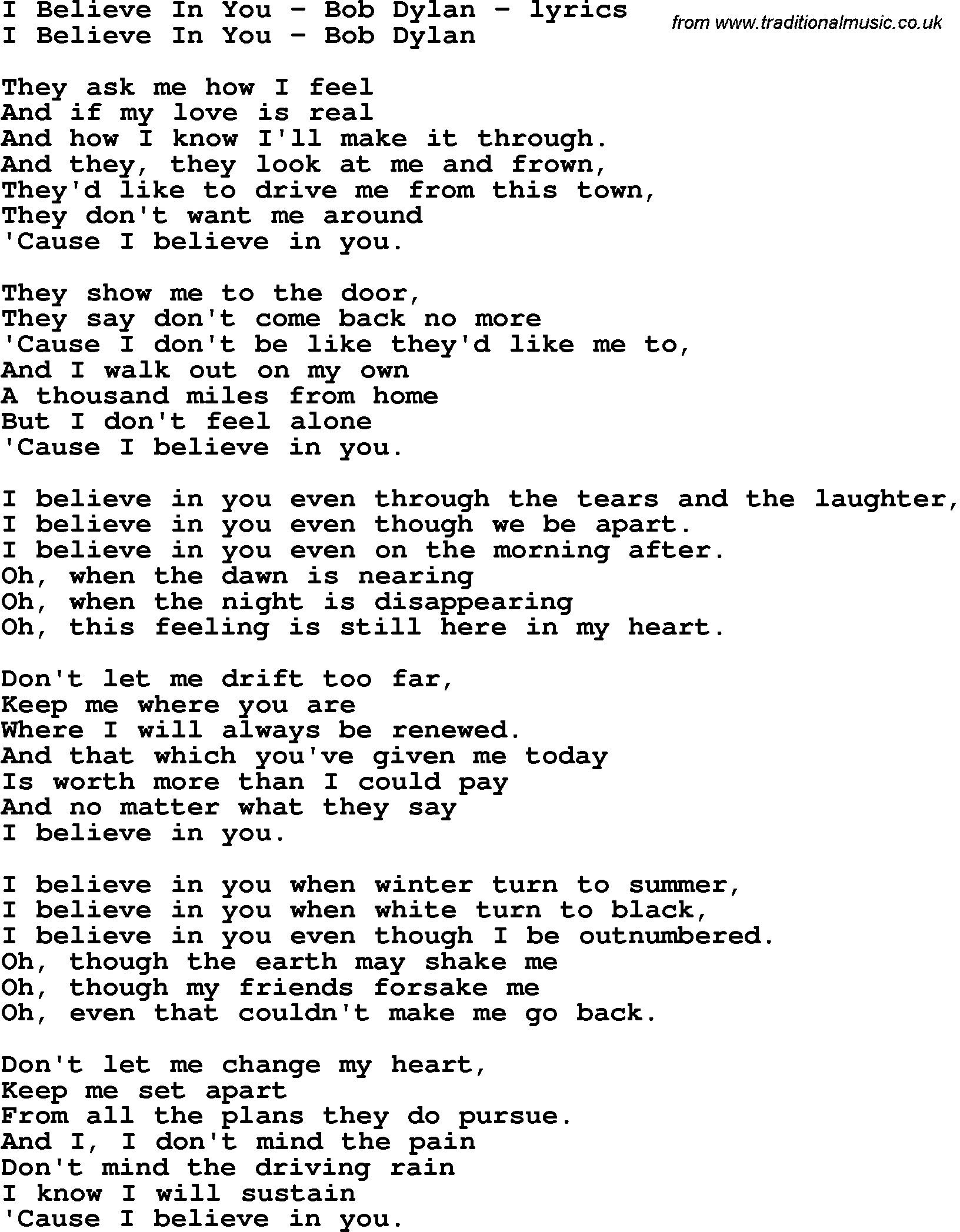 Love Song Lyrics for: I Believe In You - Bob Dylan