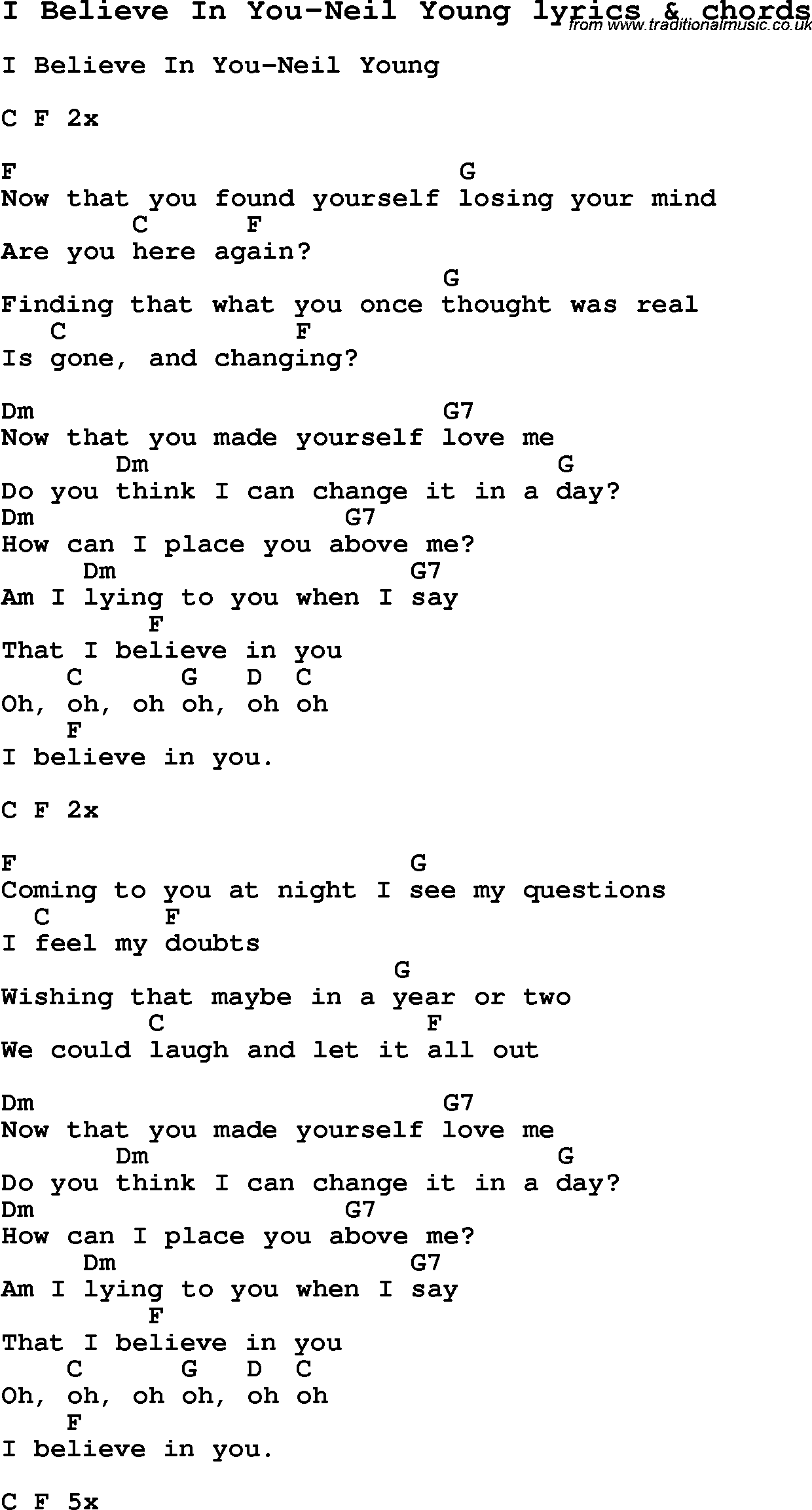 Love Song Lyrics for: I Believe In You-Neil Young with chords for Ukulele, Guitar Banjo etc.