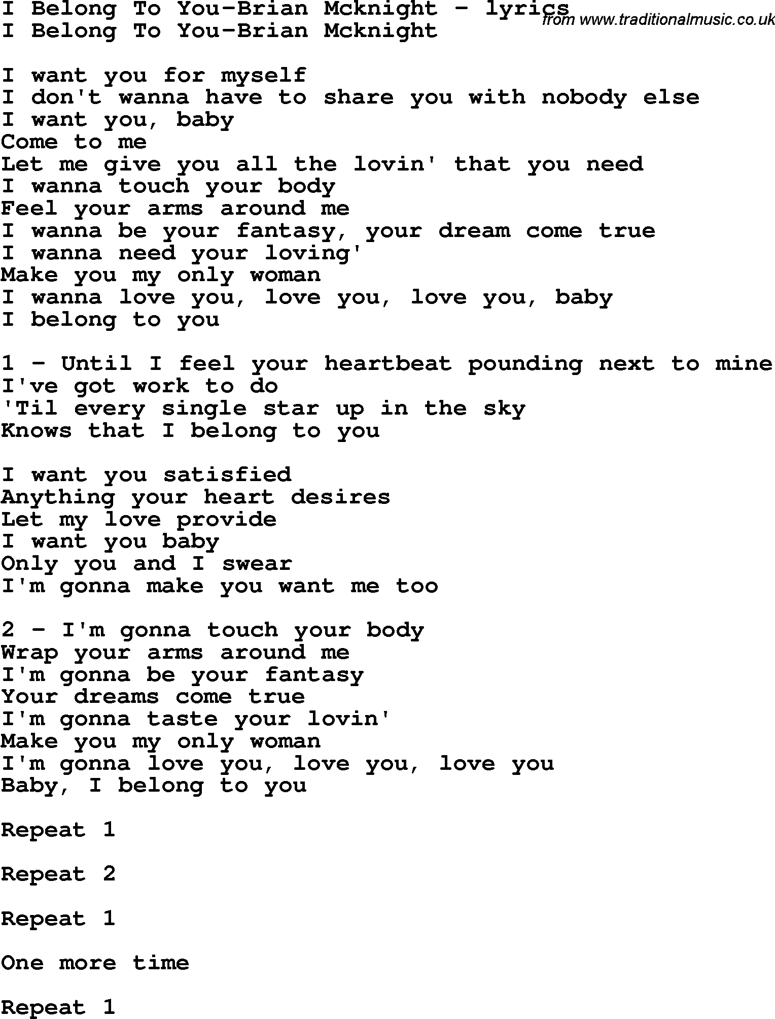 Love Song Lyrics for: I Belong To You-Brian Mcknight