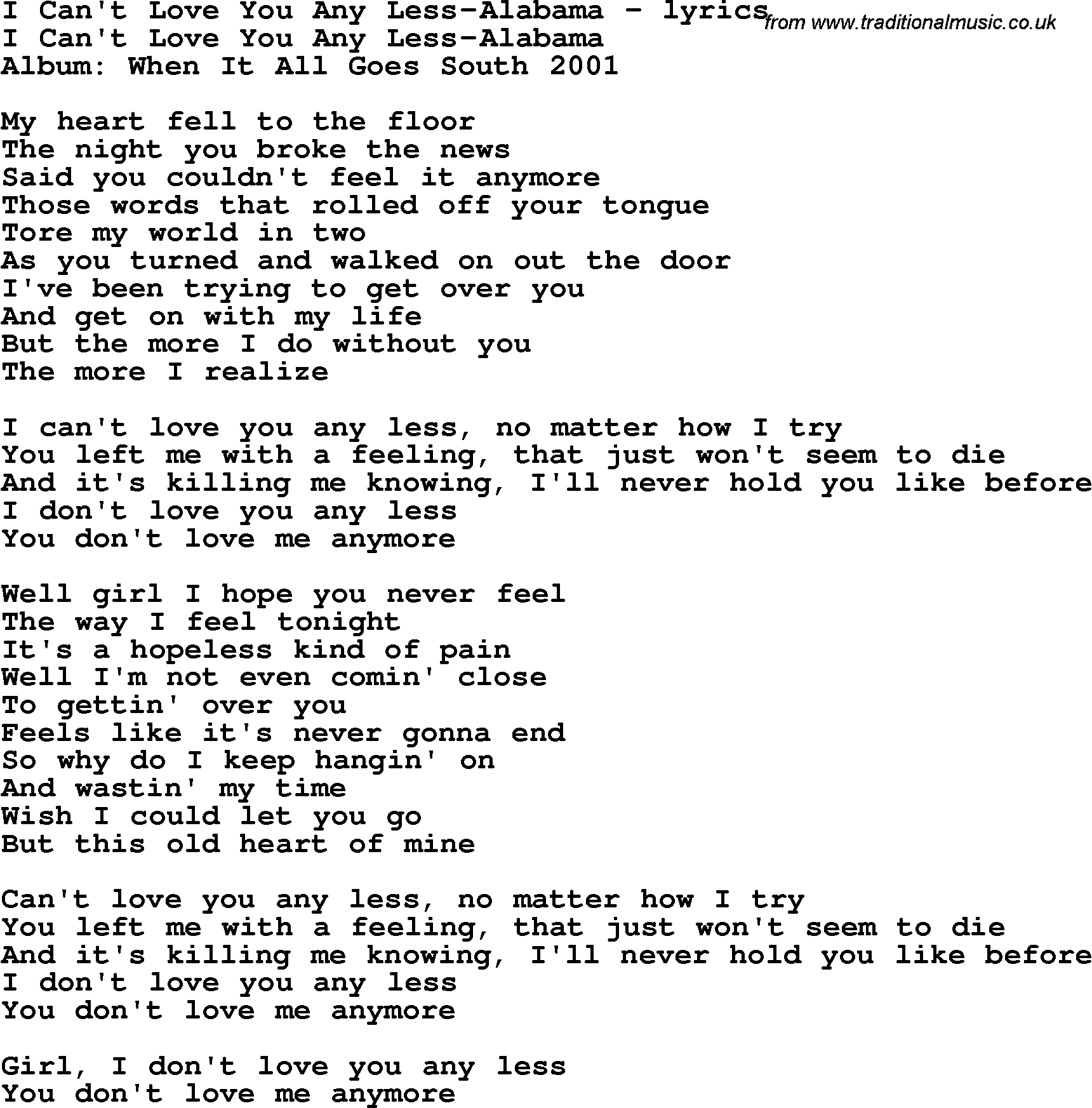 Love Song Lyrics for: I Can't Love You Any Less-Alabama