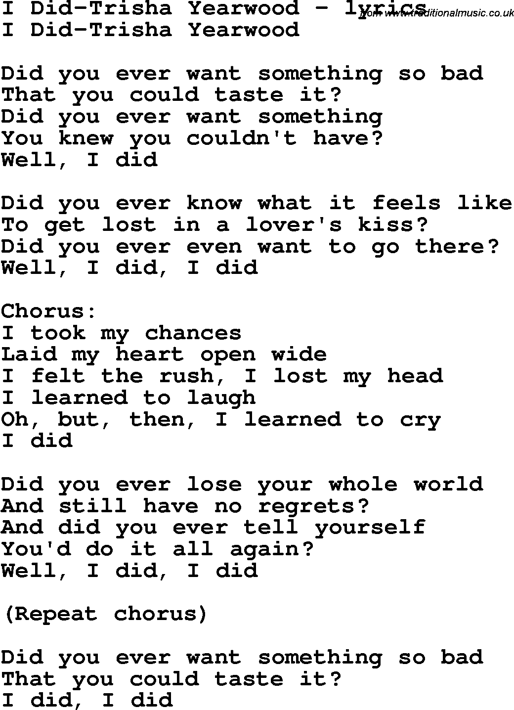 Love Song Lyrics for: I Did-Trisha Yearwood