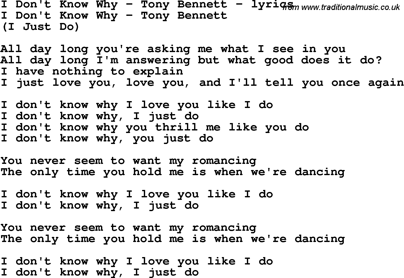 Love Song Lyrics for: I Don't Know Why - Tony Bennett