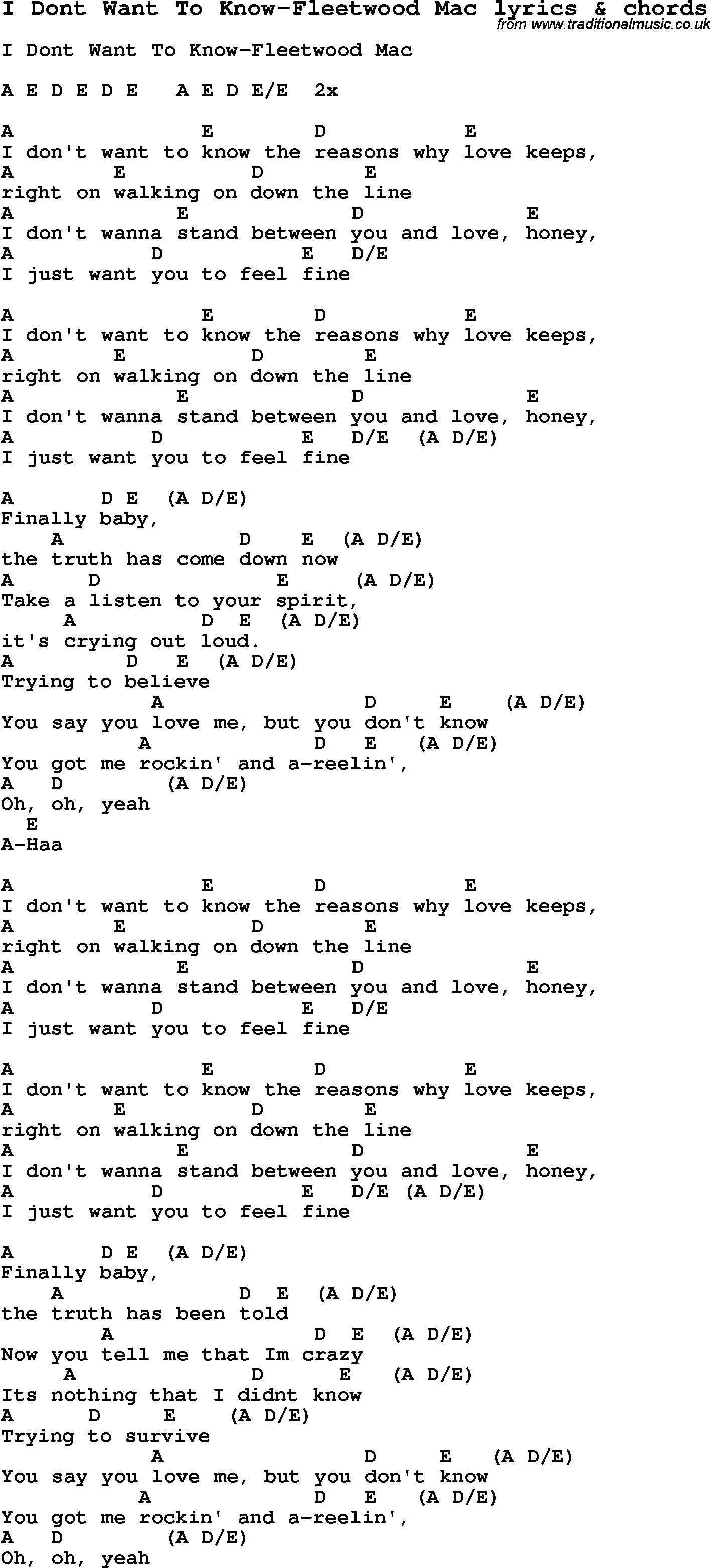 Love Song Lyrics for: I Dont Want To Know-Fleetwood Mac with chords for Ukulele, Guitar Banjo etc.