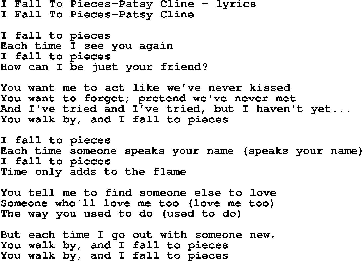 Love Song Lyrics for: I Fall To Pieces-Patsy Cline