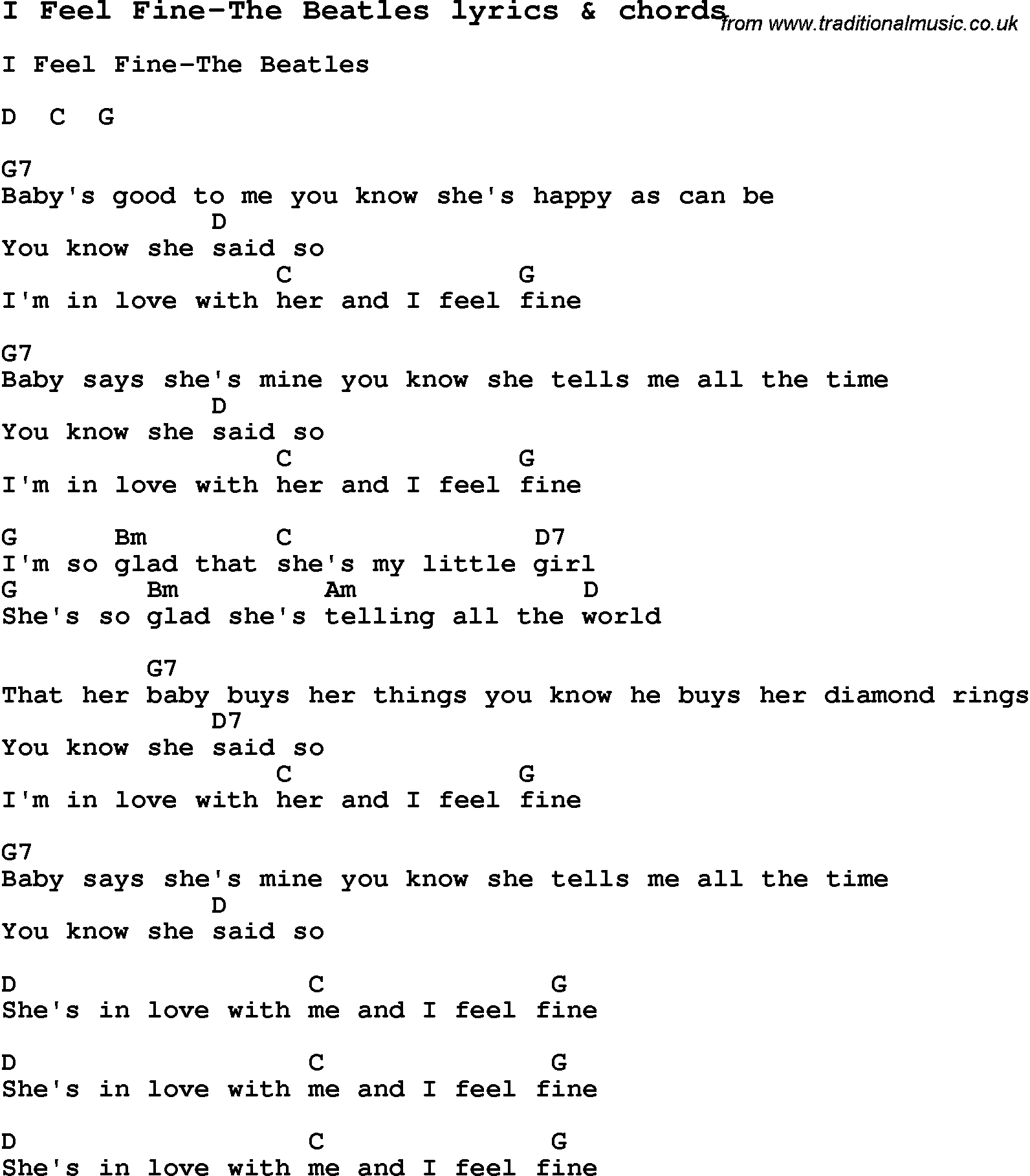 Love Song Lyrics for: I Feel Fine-The Beatles with chords for Ukulele, Guitar Banjo etc.