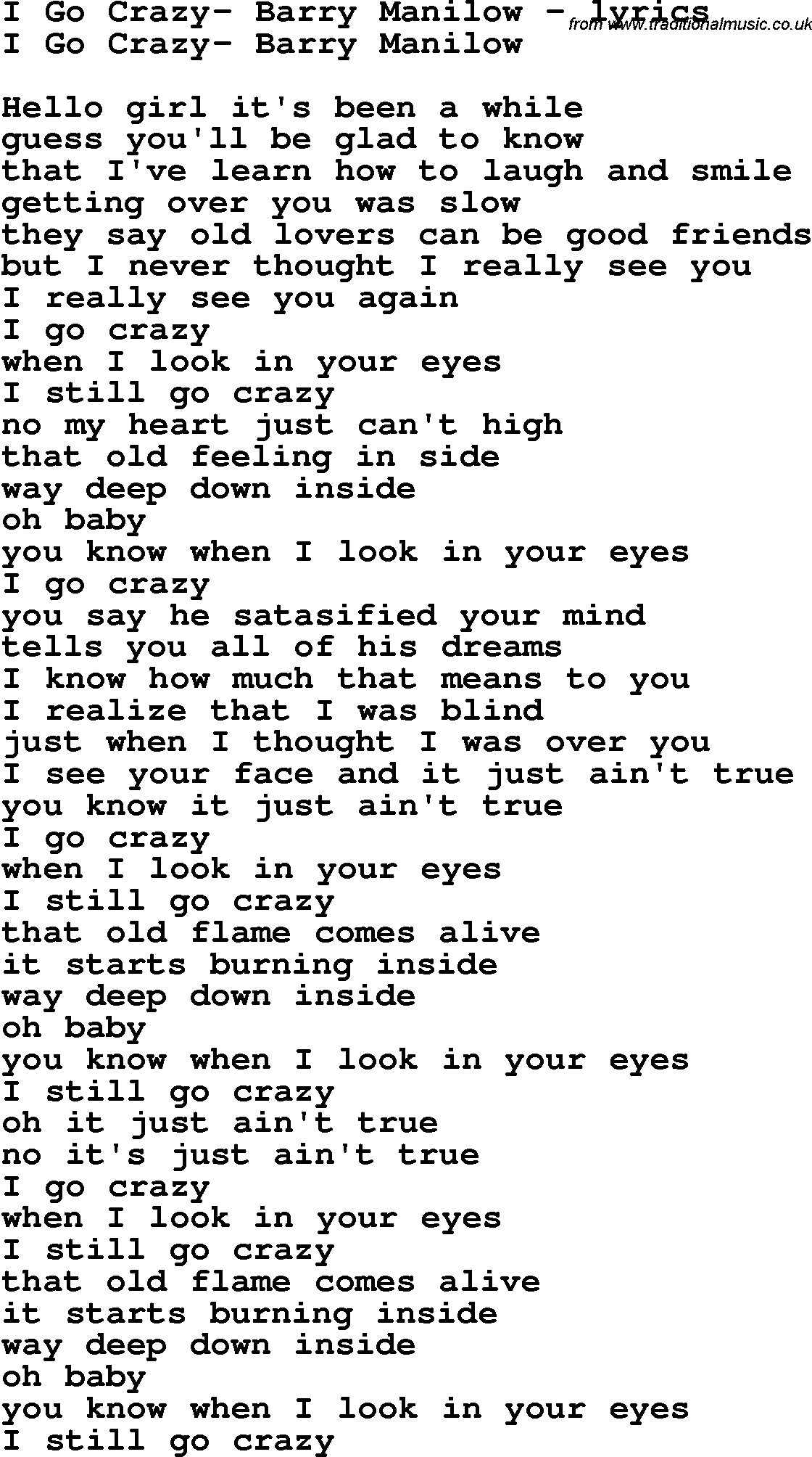 Love Song Lyrics for: I Go Crazy- Barry Manilow