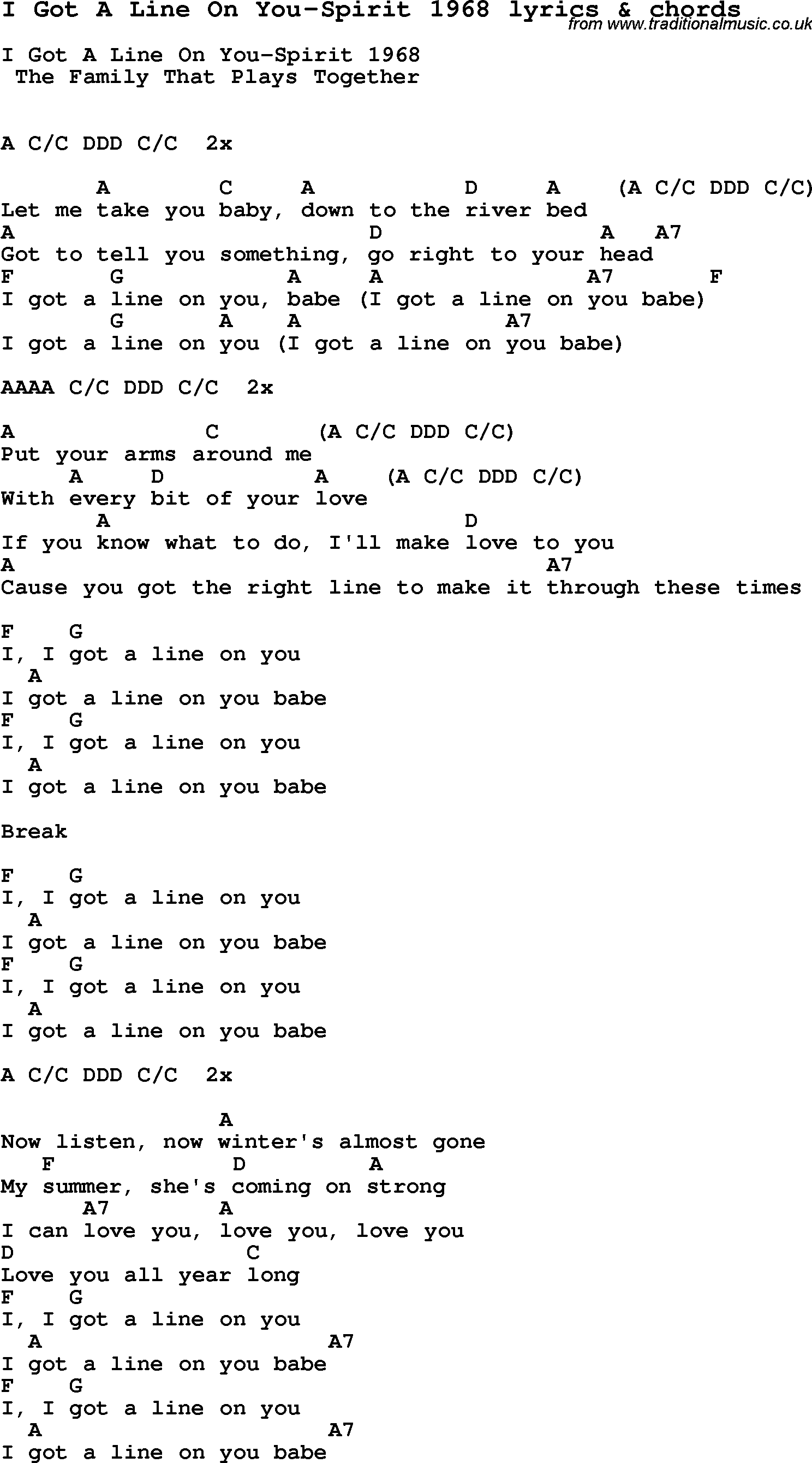 Love Song Lyrics for: I Got A Line On You-Spirit 1968 with chords for Ukulele, Guitar Banjo etc.