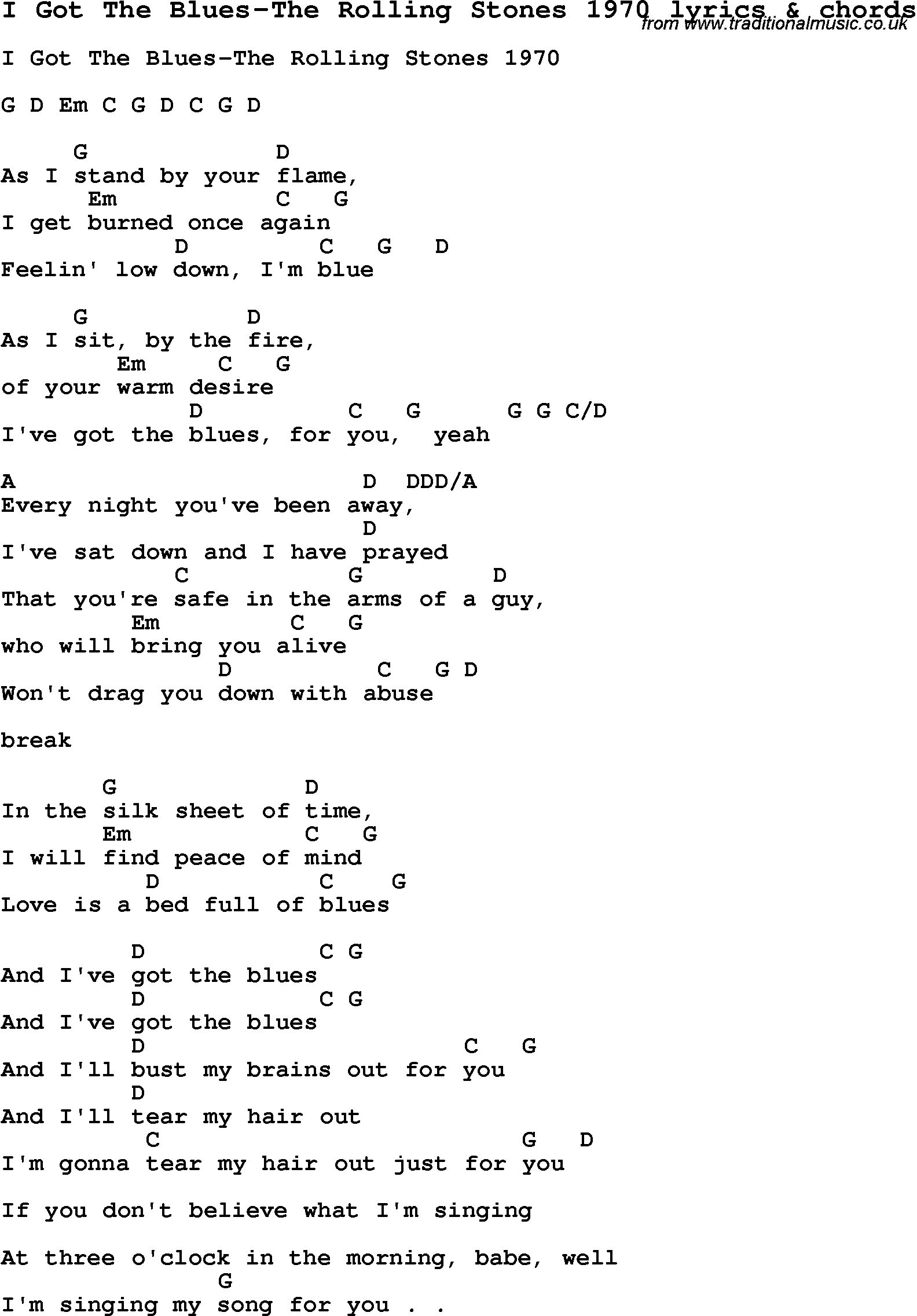 Love Song Lyrics for: I Got The Blues-The Rolling Stones 1970 with chords for Ukulele, Guitar Banjo etc.