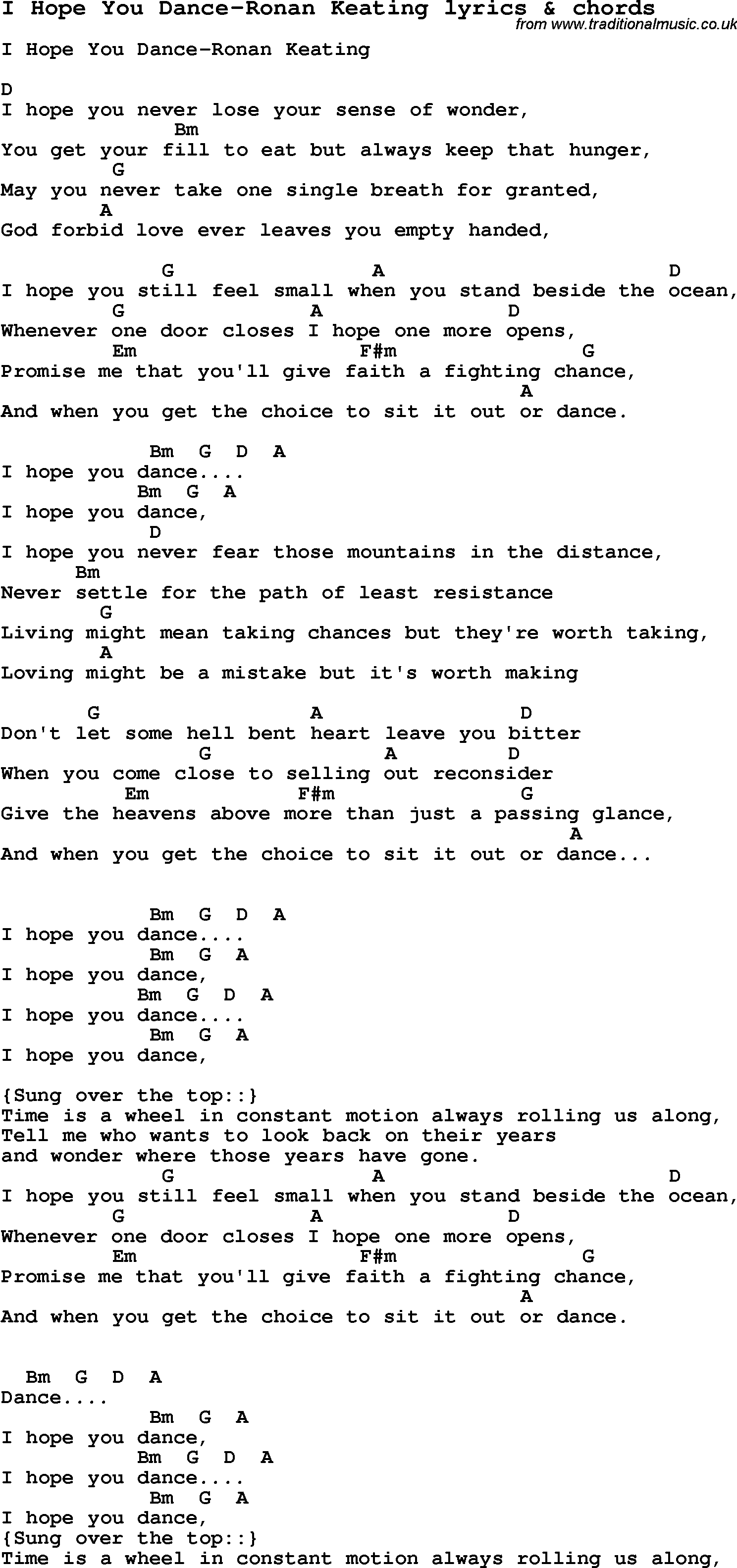 Love Song Lyrics for: I Hope You Dance-Ronan Keating with chords for Ukulele, Guitar Banjo etc.