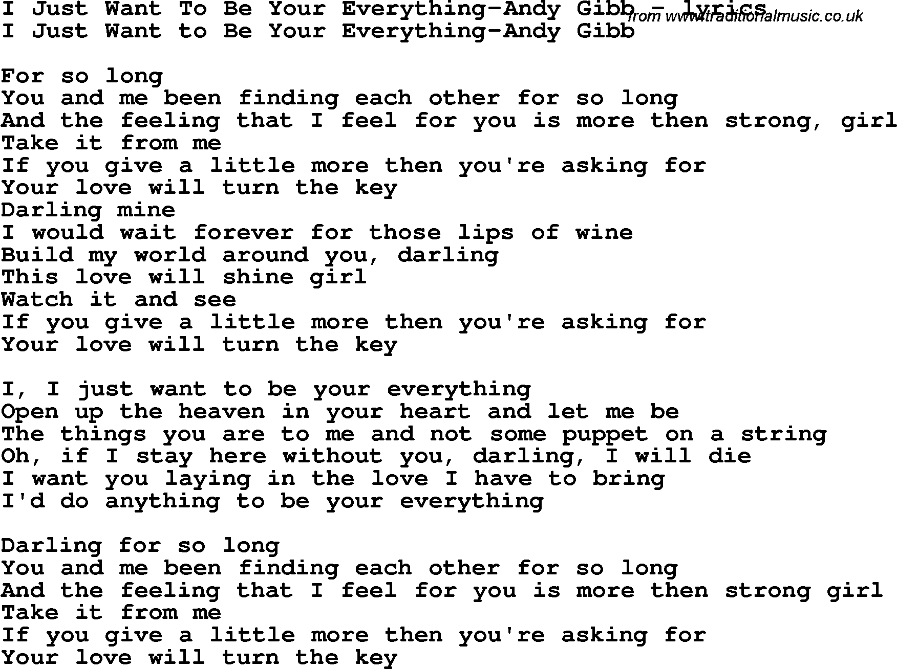 Love Song Lyrics for: I Just Want To Be Your Everything-Andy Gibb