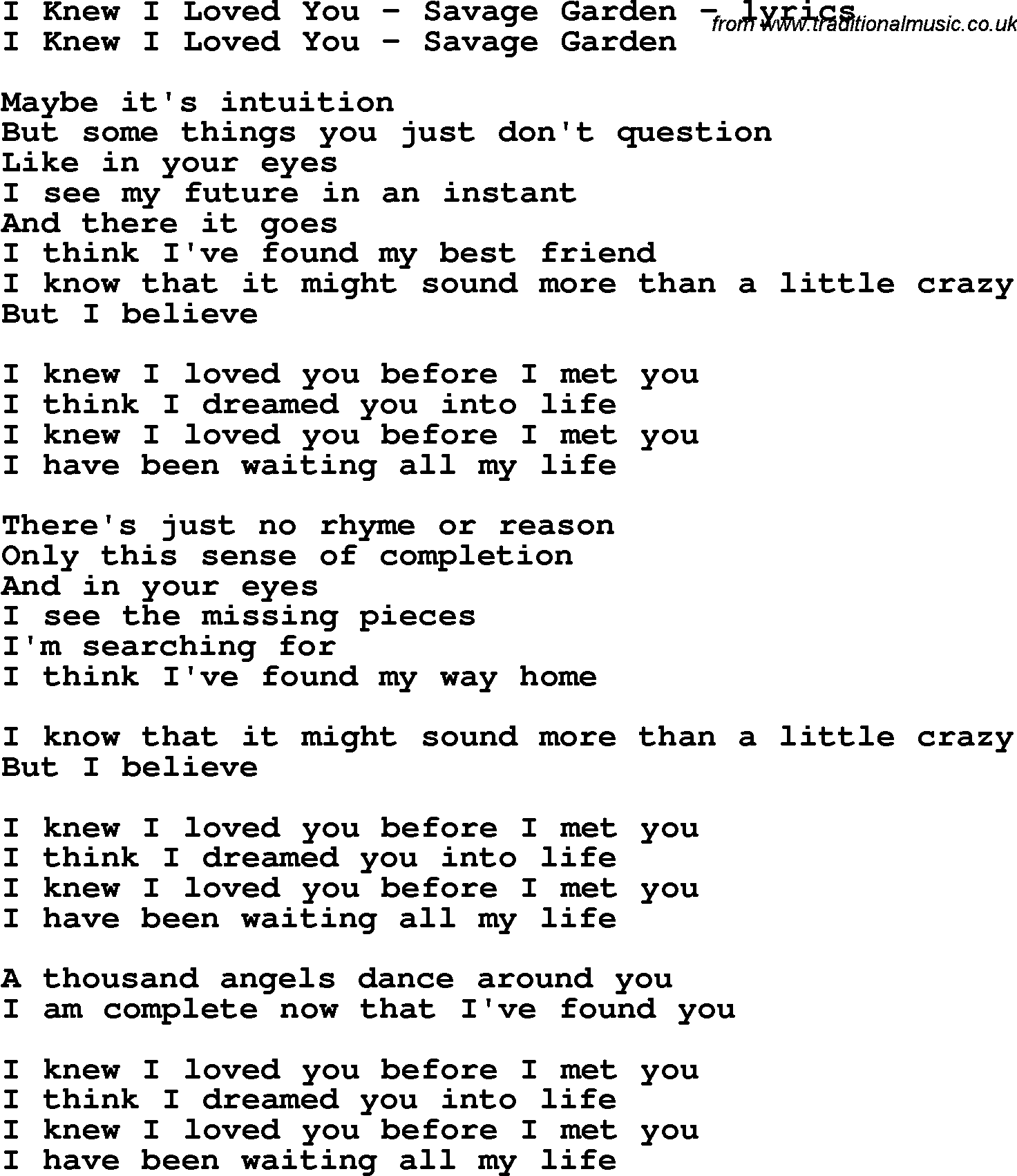Love Song Lyrics For I Knew I Loved You Savage Garden