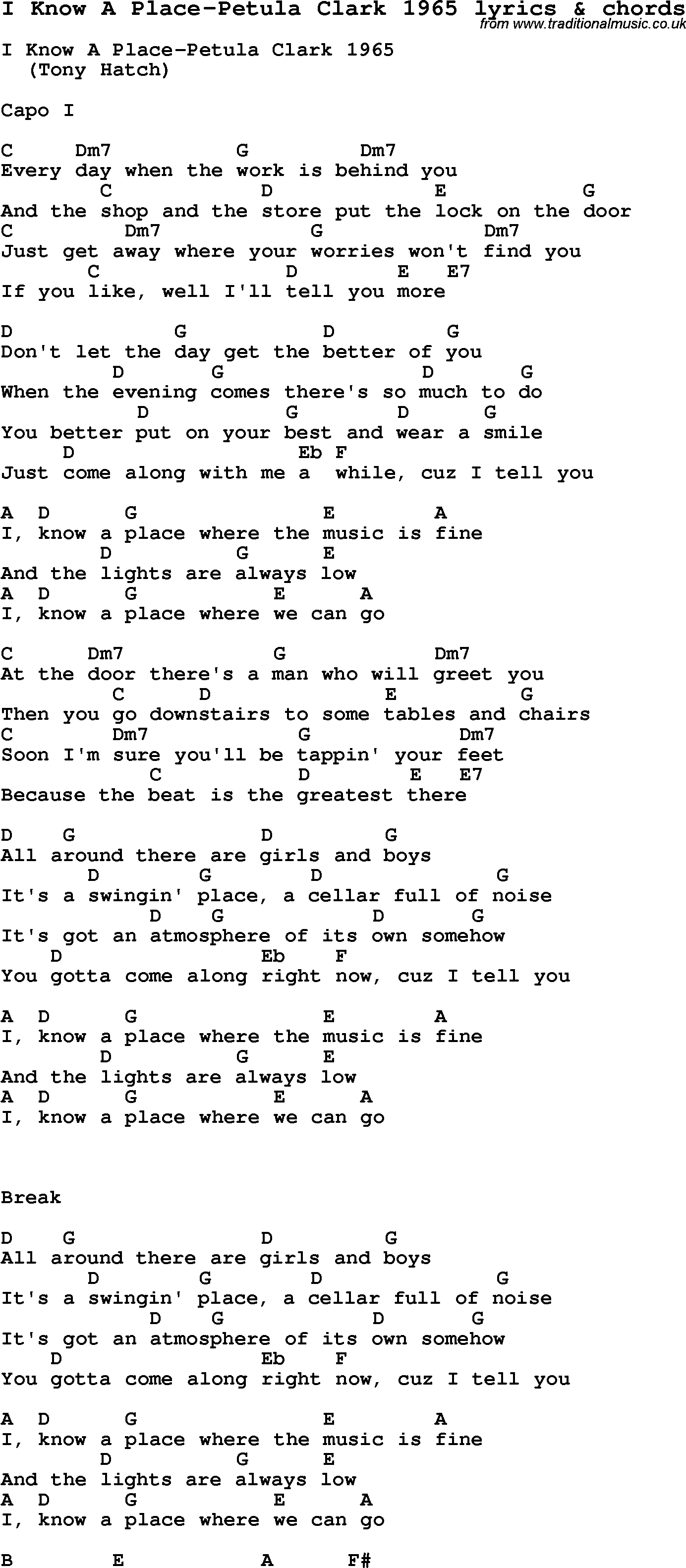 Love Song Lyrics for: I Know A Place-Petula Clark 1965 with chords for Ukulele, Guitar Banjo etc.