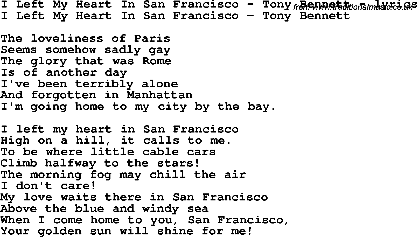 Love Song Lyrics for: I Left My Heart In San Francisco - Tony Bennett