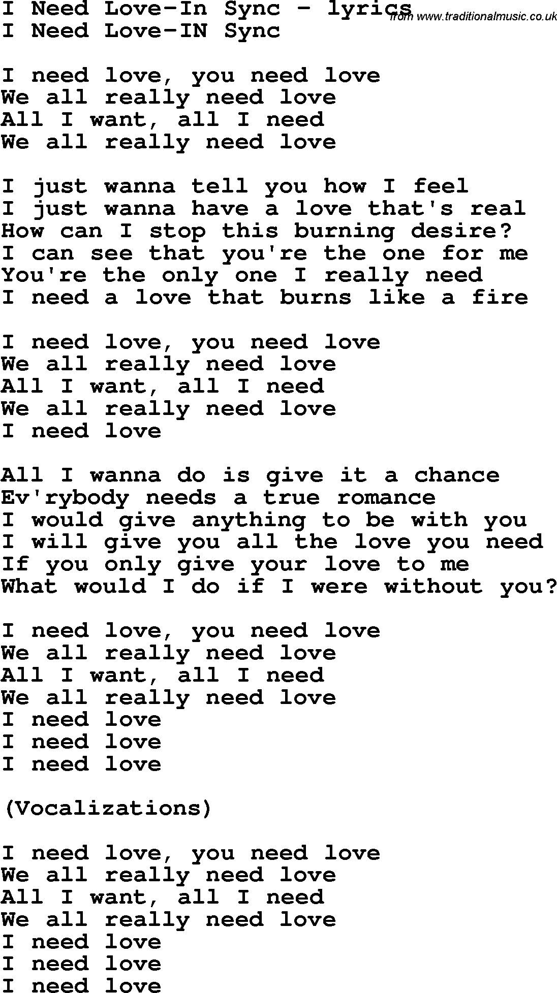 Love Song Lyrics for: I Need Love-In Sync