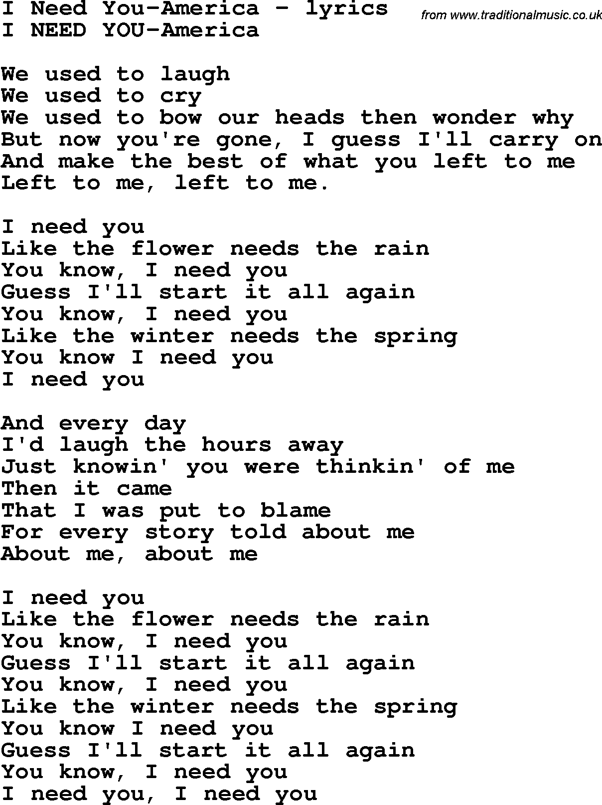 Love Song Lyrics for: I Need You-America