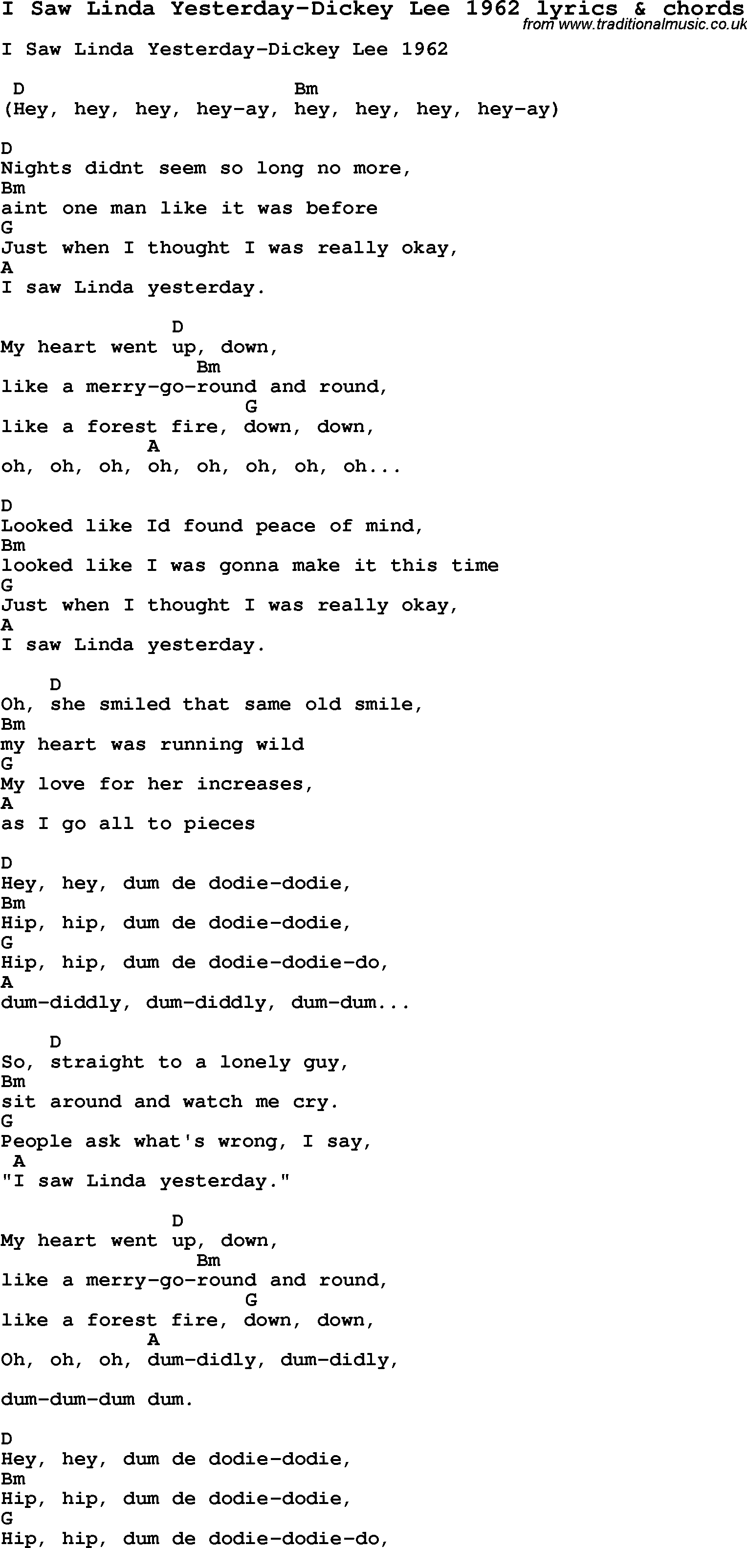 Love Song Lyrics for: I Saw Linda Yesterday-Dickey Lee 1962 with chords for Ukulele, Guitar Banjo etc.