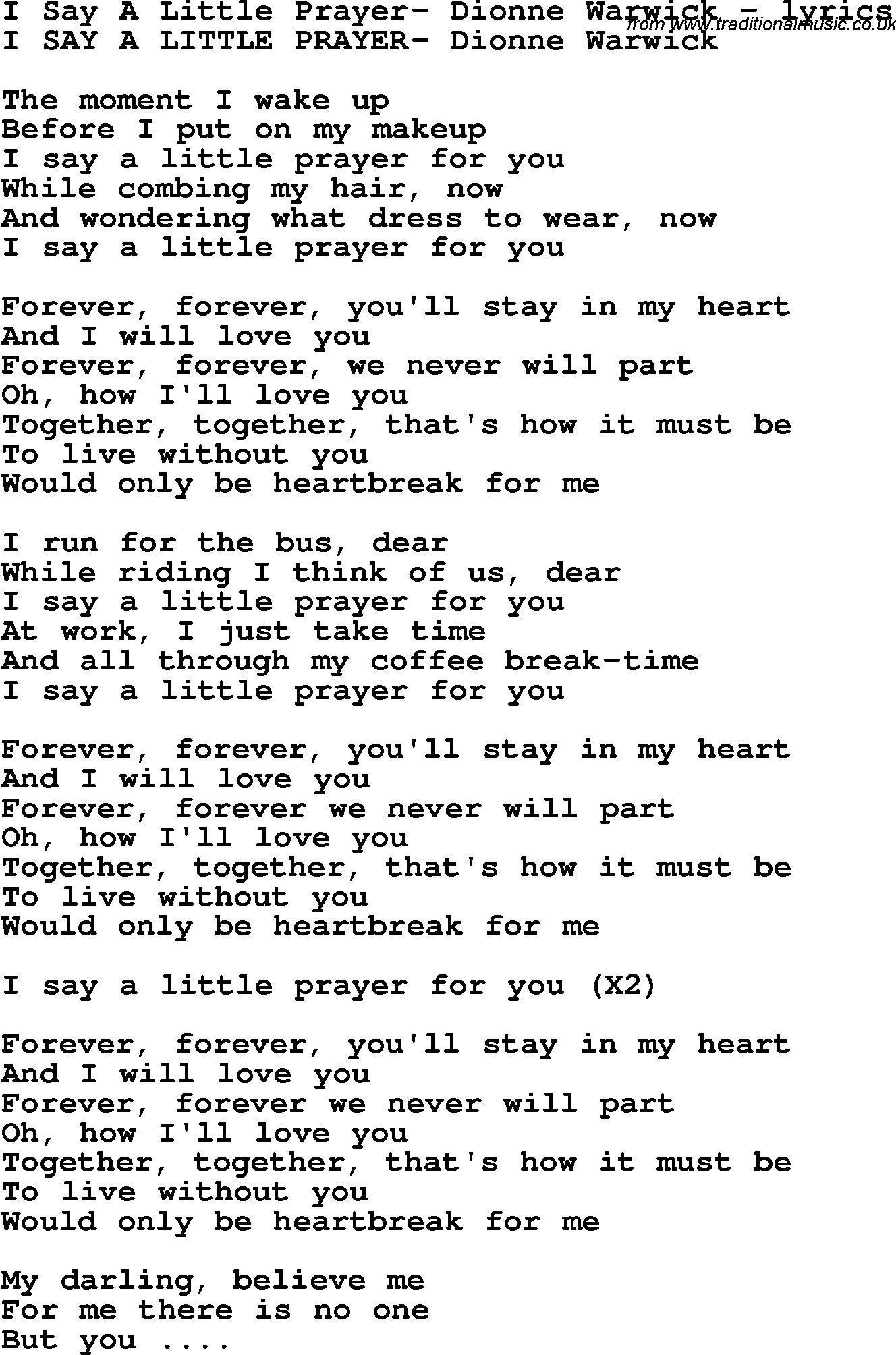 Love Song Lyrics for: I Say A Little Prayer- Dionne Warwick