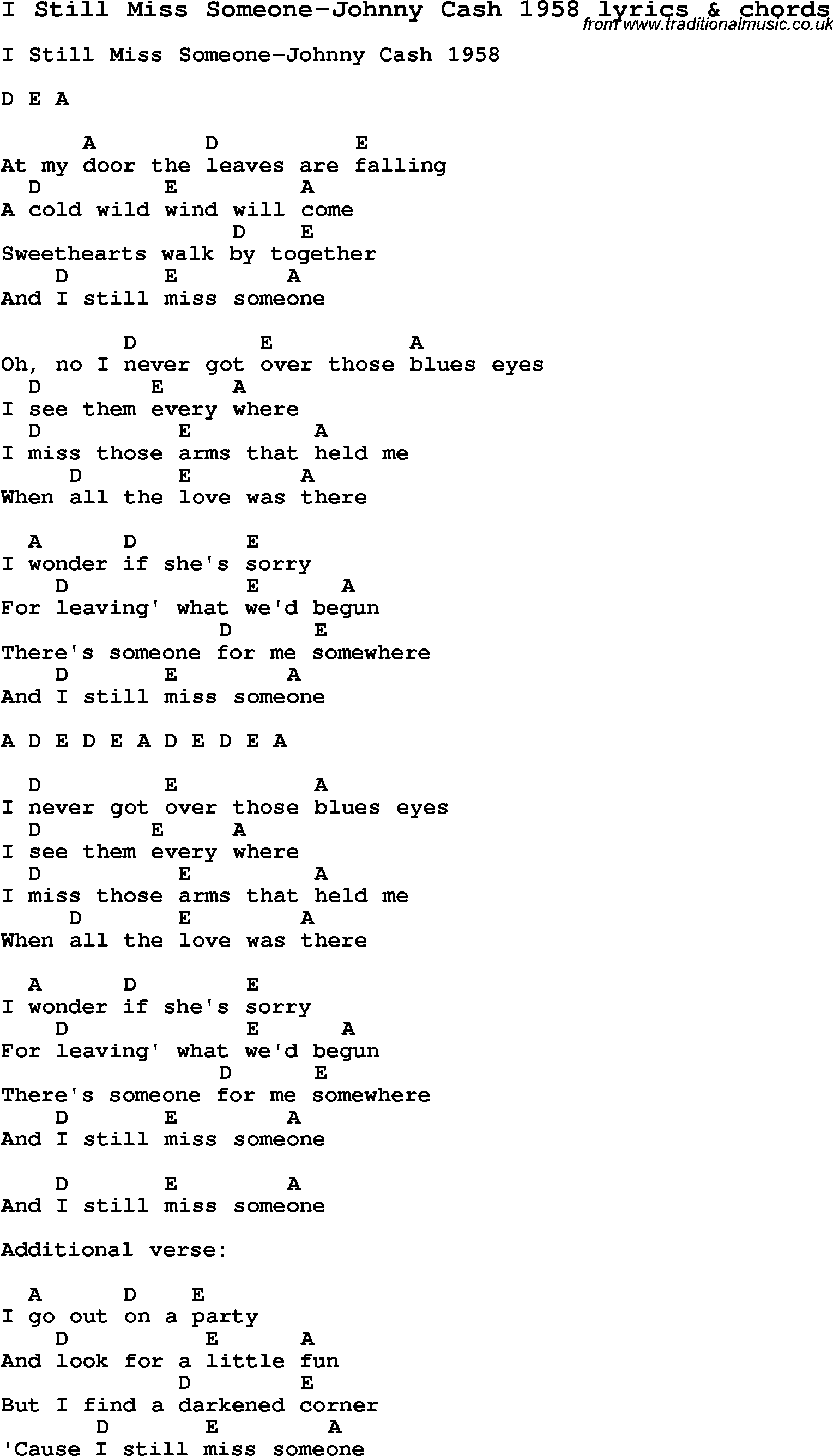 Love Song Lyrics for: I Still Miss Someone-Johnny Cash 1958 with chords for Ukulele, Guitar Banjo etc.