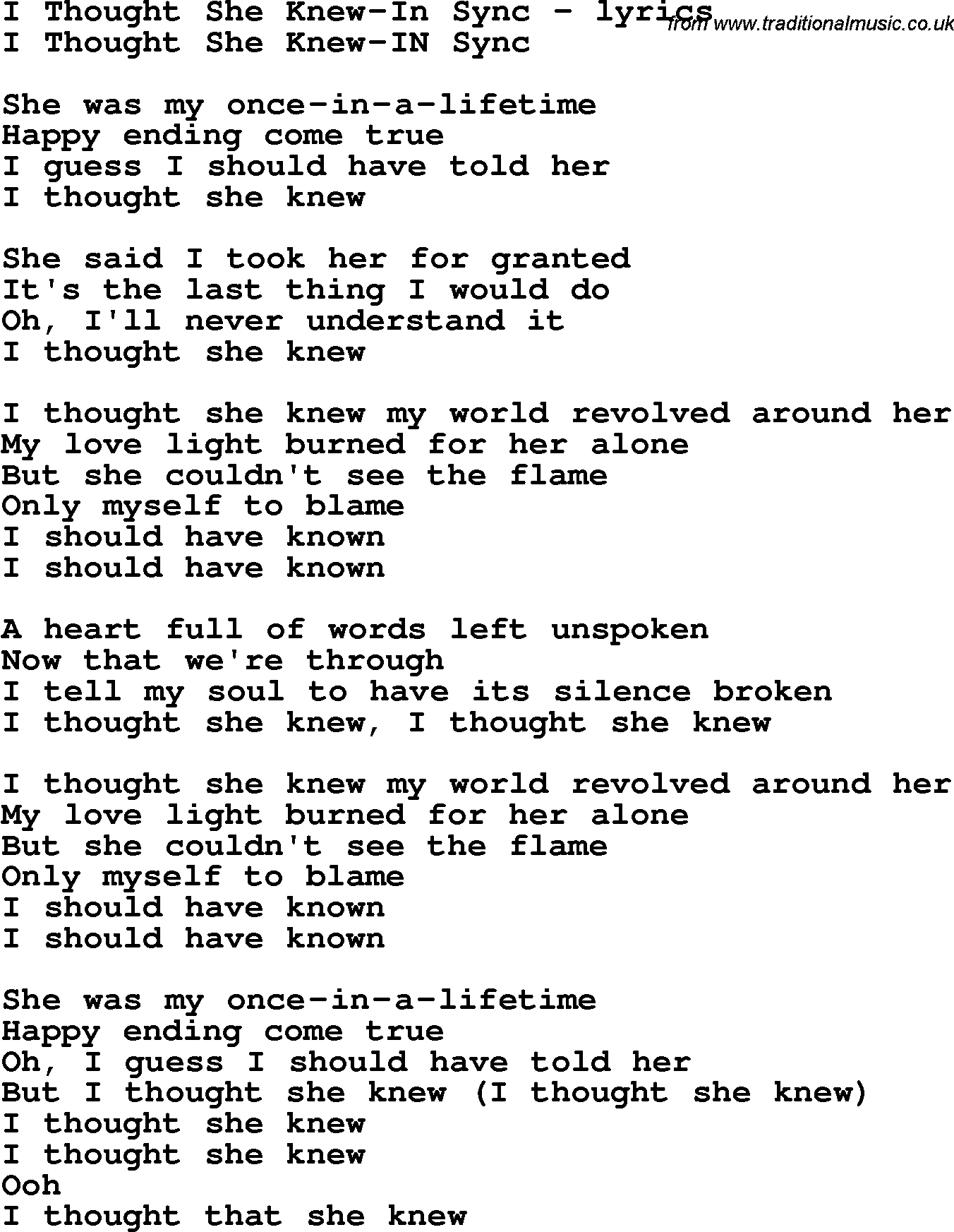 Love Song Lyrics for: I Thought She Knew-In Sync