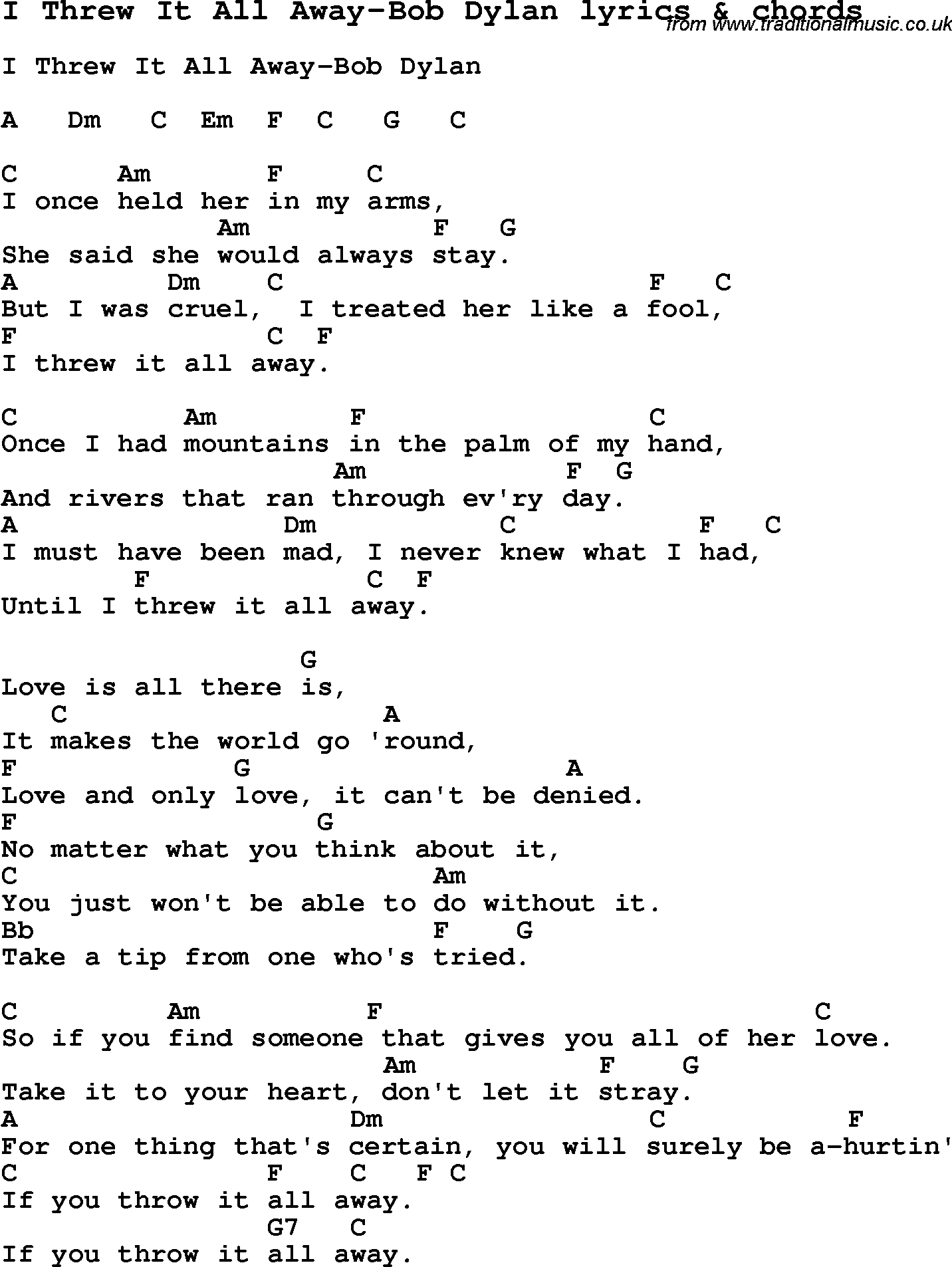 Love Song Lyrics for: I Threw It All Away-Bob Dylan with chords for Ukulele, Guitar Banjo etc.