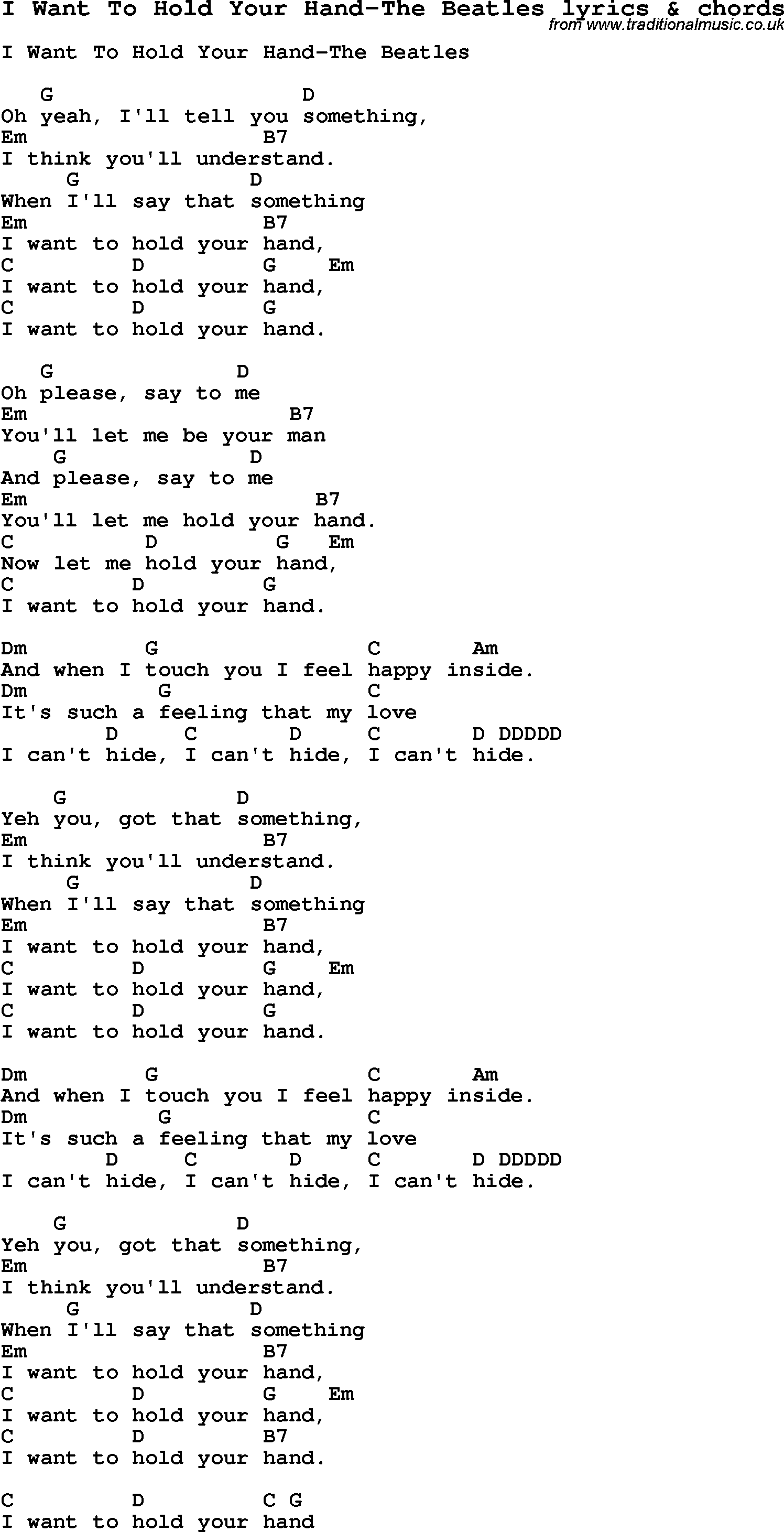 Love Song Lyrics for: I Want To Hold Your Hand-The Beatles with chords for Ukulele, Guitar Banjo etc.