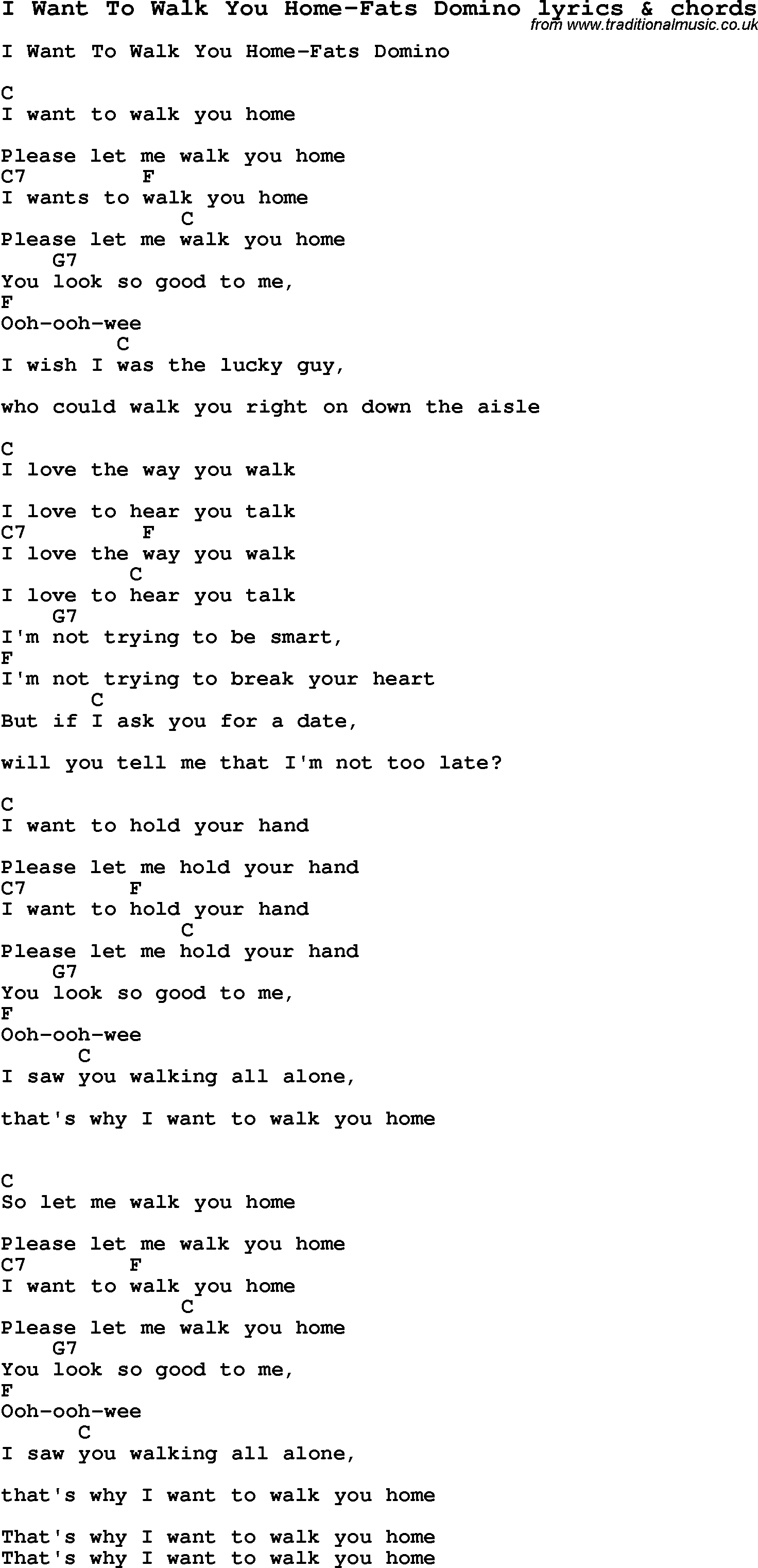 Love Song Lyrics for: I Want To Walk You Home-Fats Domino with chords for Ukulele, Guitar Banjo etc.