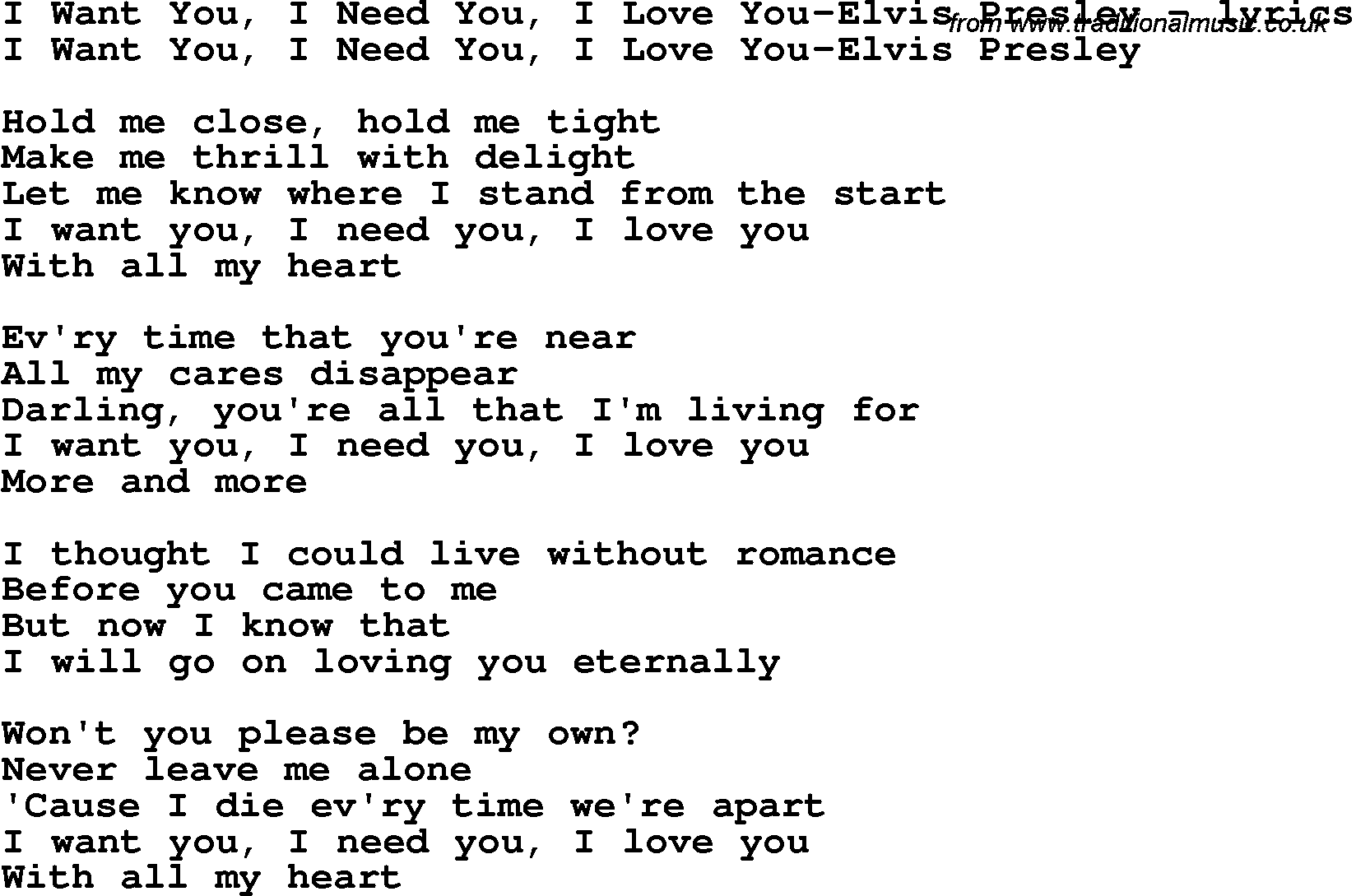 Love Song Lyrics for: I Want You, I Need You, I Love You-Elvis Presley