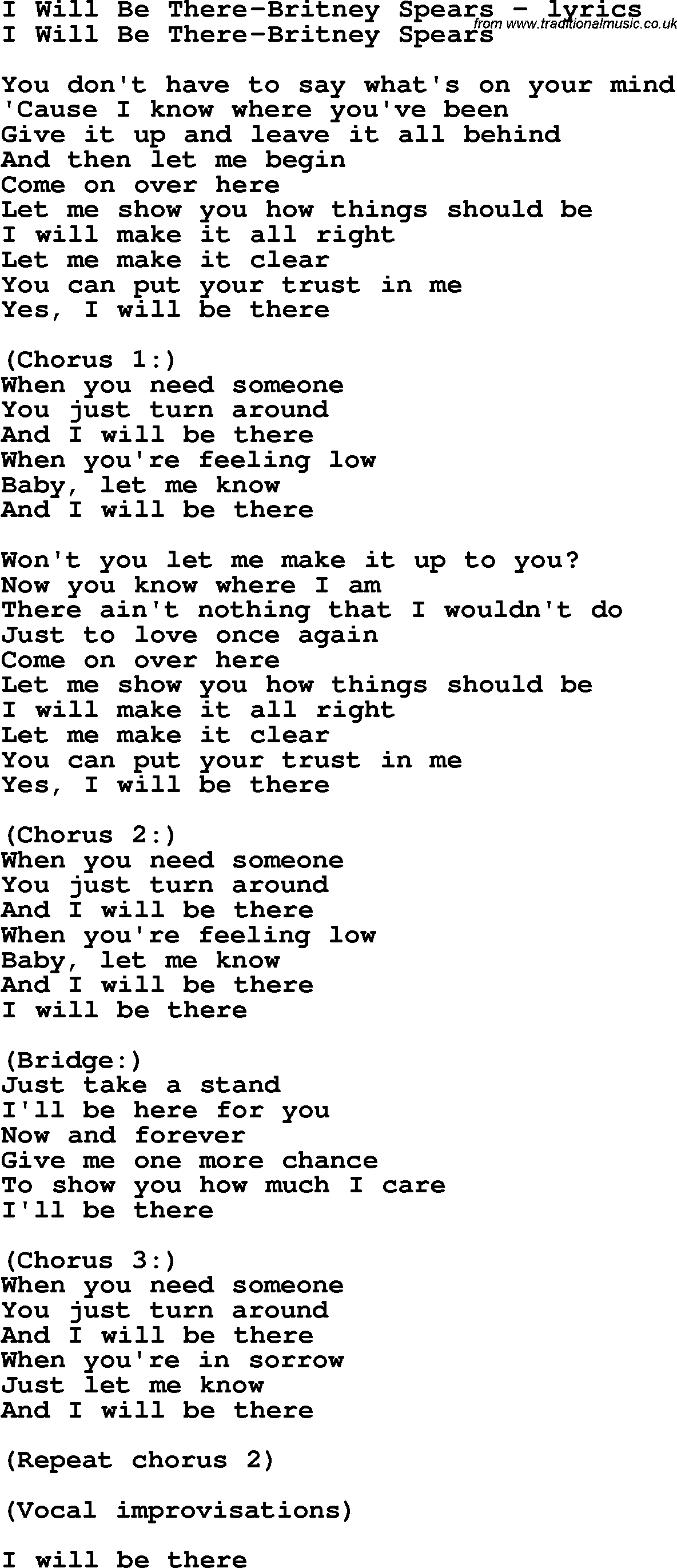 Love Song Lyrics for: I Will Be There-Britney Spears