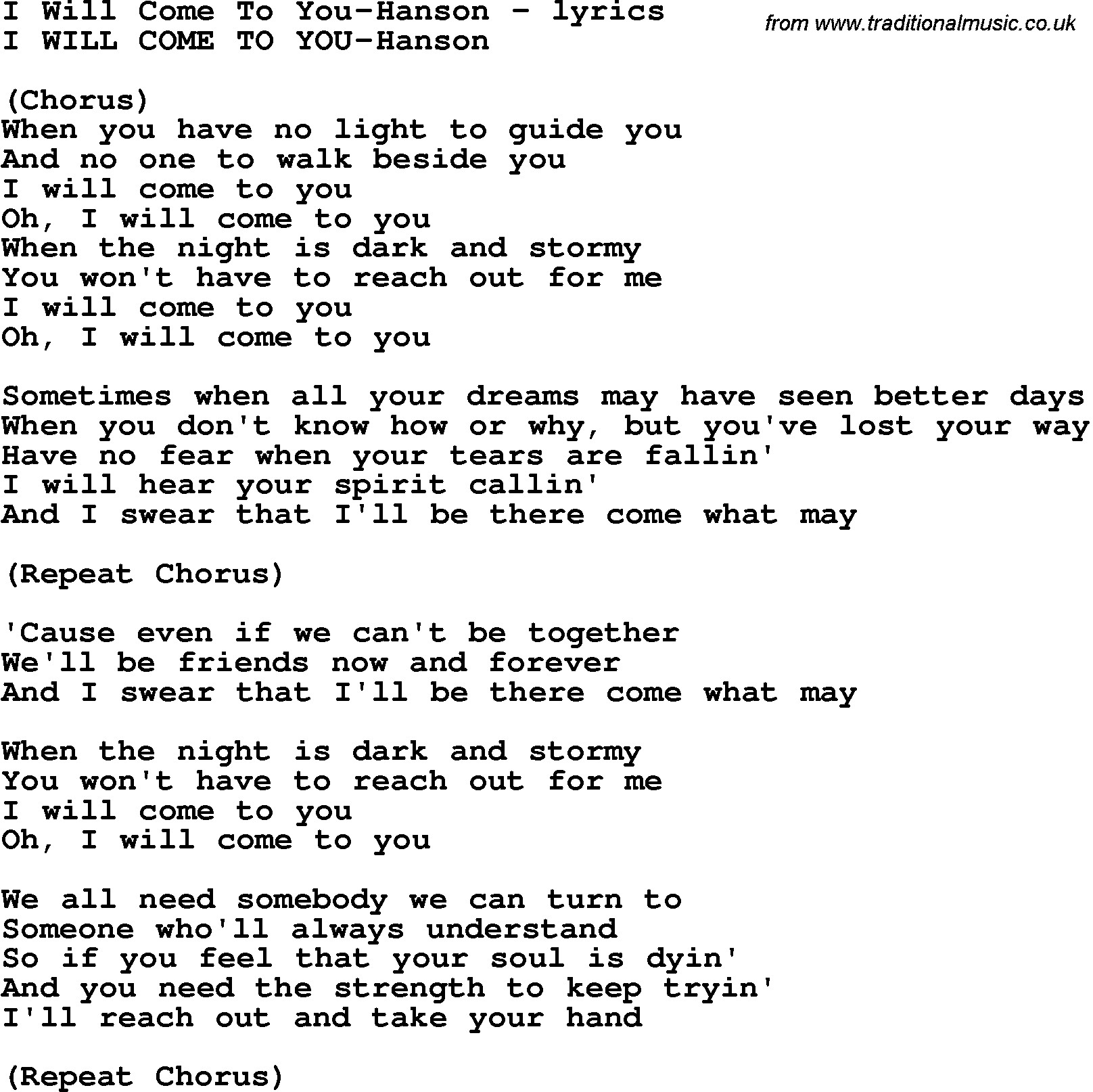 Love Song Lyrics for: I Will Come To You-Hanson