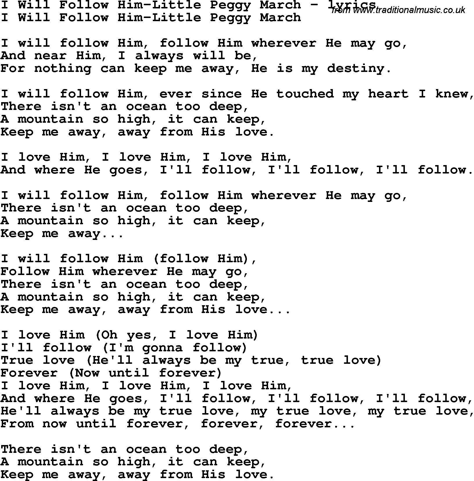 Love Song Lyrics for: I Will Follow Him-Little Peggy March