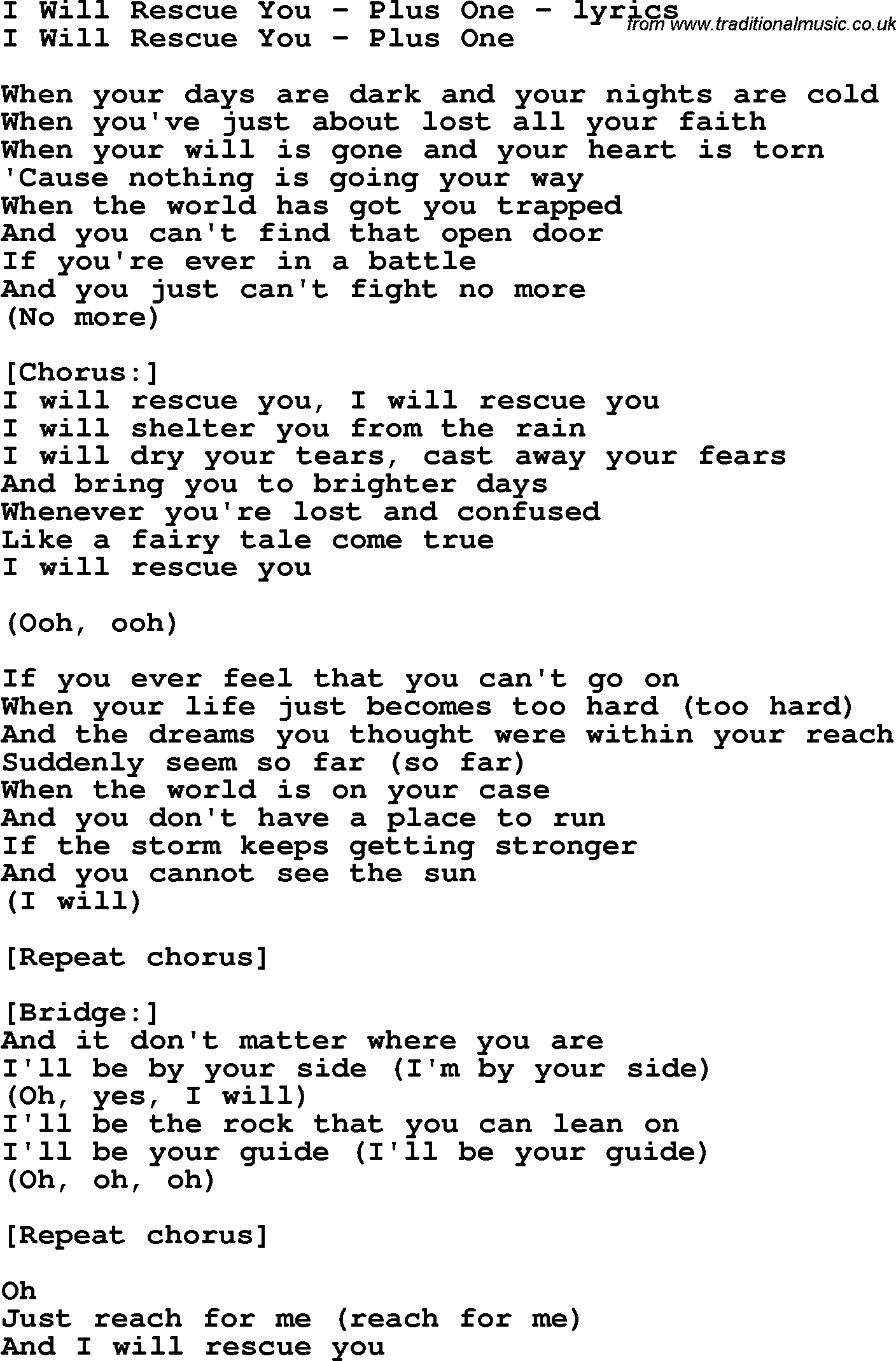 Love Song Lyrics for: I Will Rescue You - Plus One