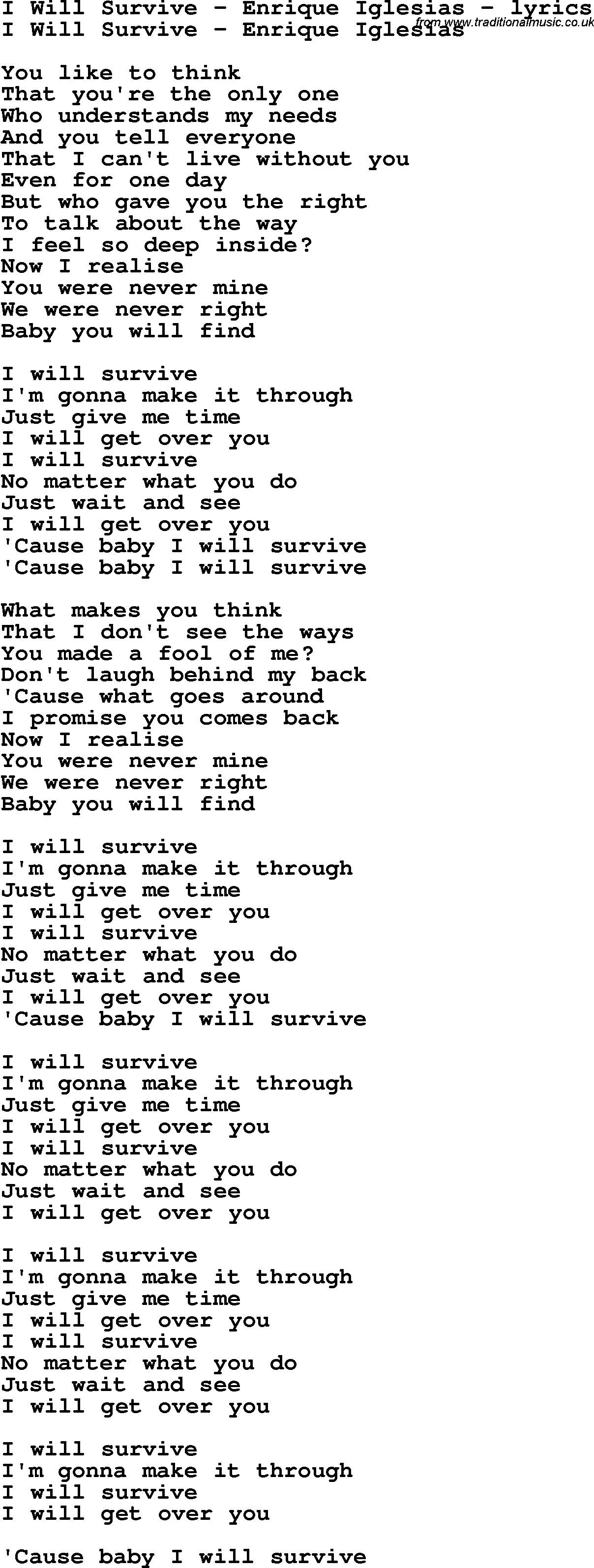 Love Song Lyrics for: I Will Survive - Enrique Iglesias