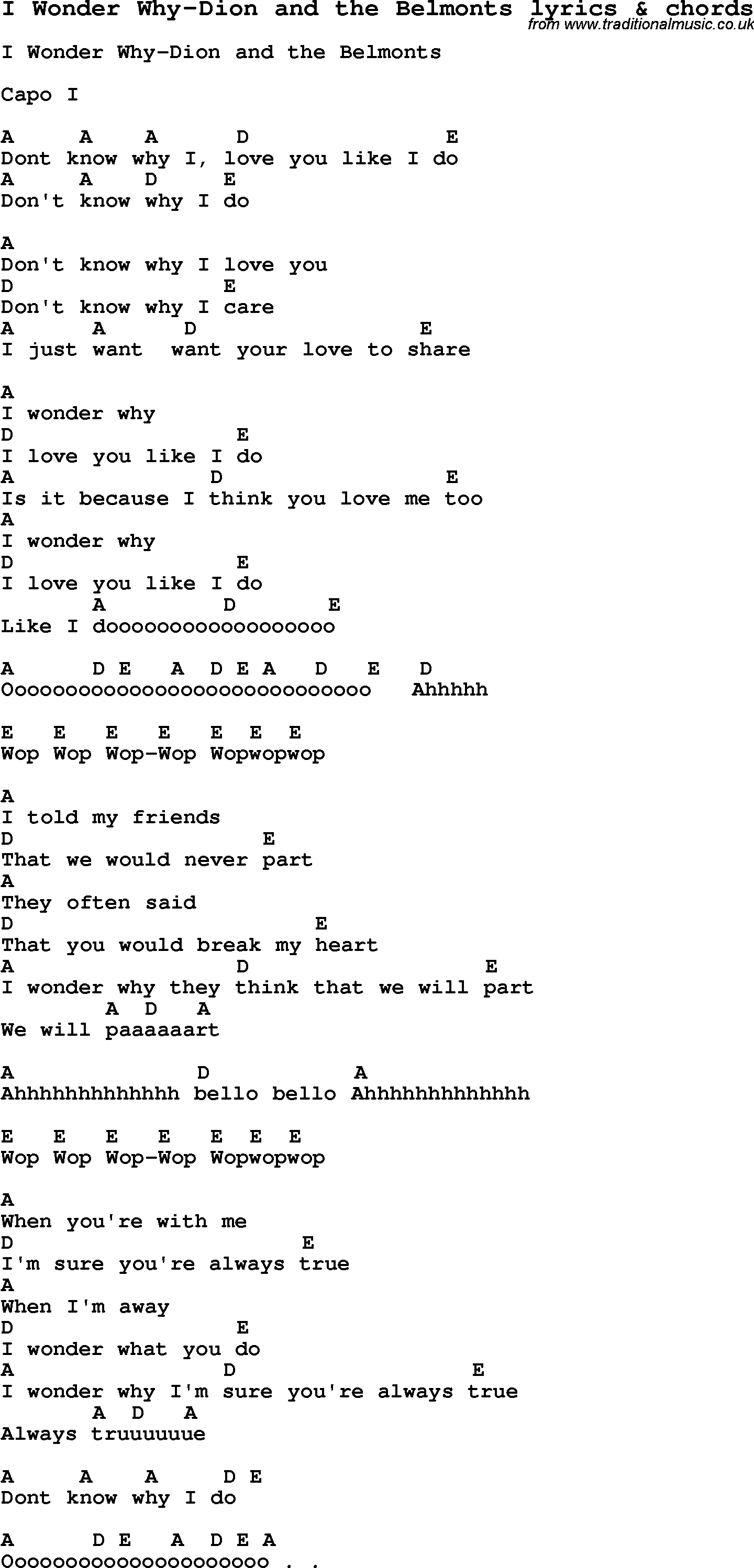 Love Song Lyrics for: I Wonder Why-Dion and the Belmonts with chords for Ukulele, Guitar Banjo etc.