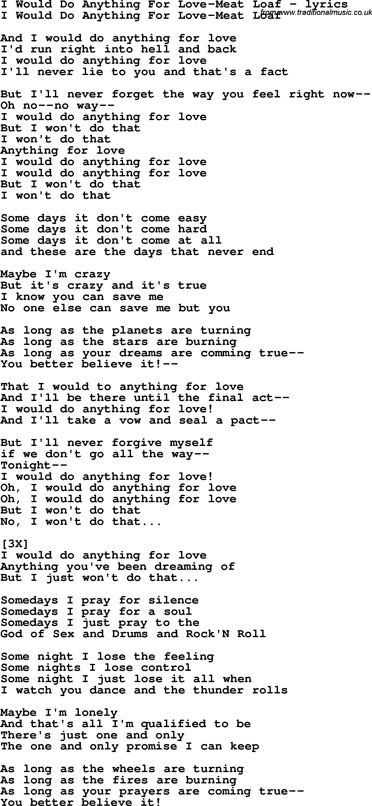Love Song Lyrics for: I Would Do Anything For Love-Meat Loaf