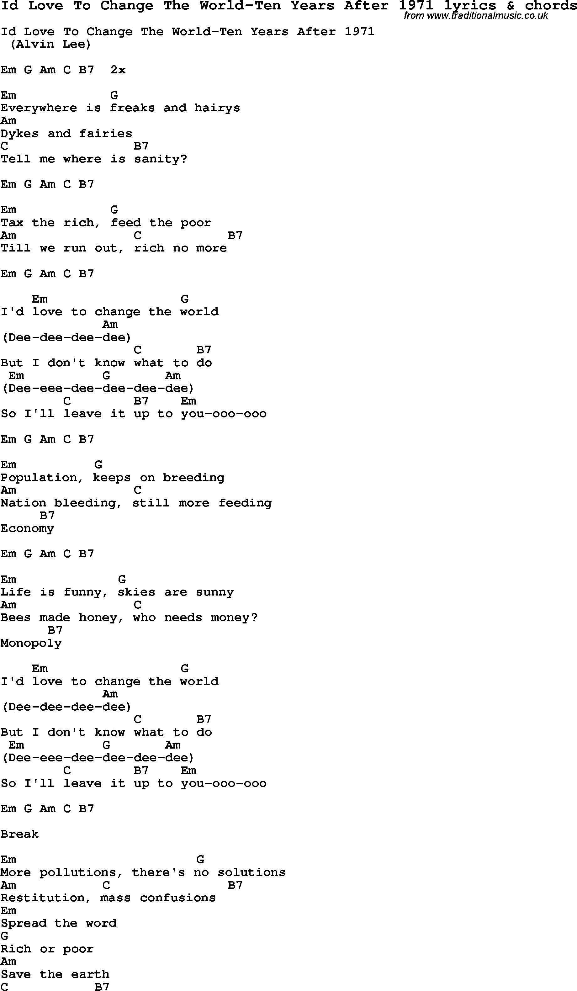 Love Song Lyrics For Id Love To Change The World Ten Years After
