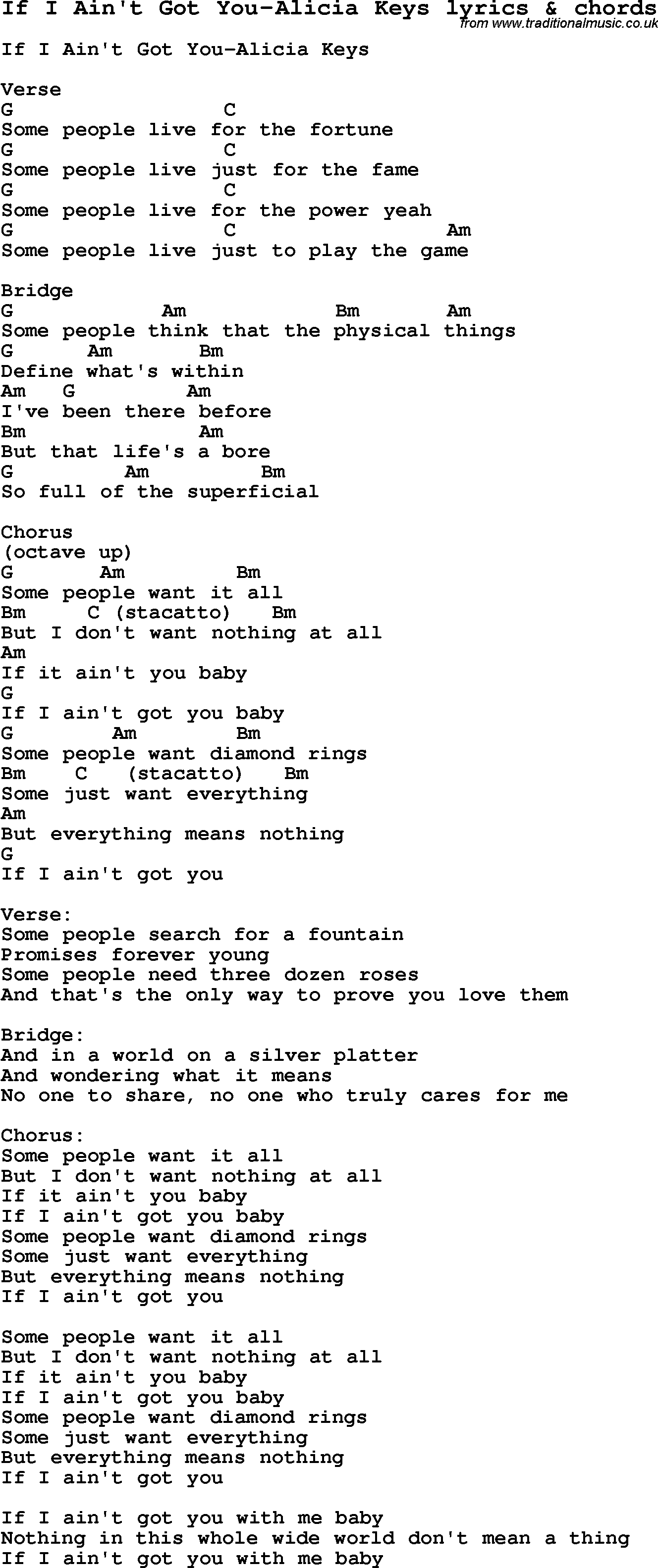 Love Song Lyrics for: If I Ain't Got You-Alicia Keys with chords for Ukulele, Guitar Banjo etc.