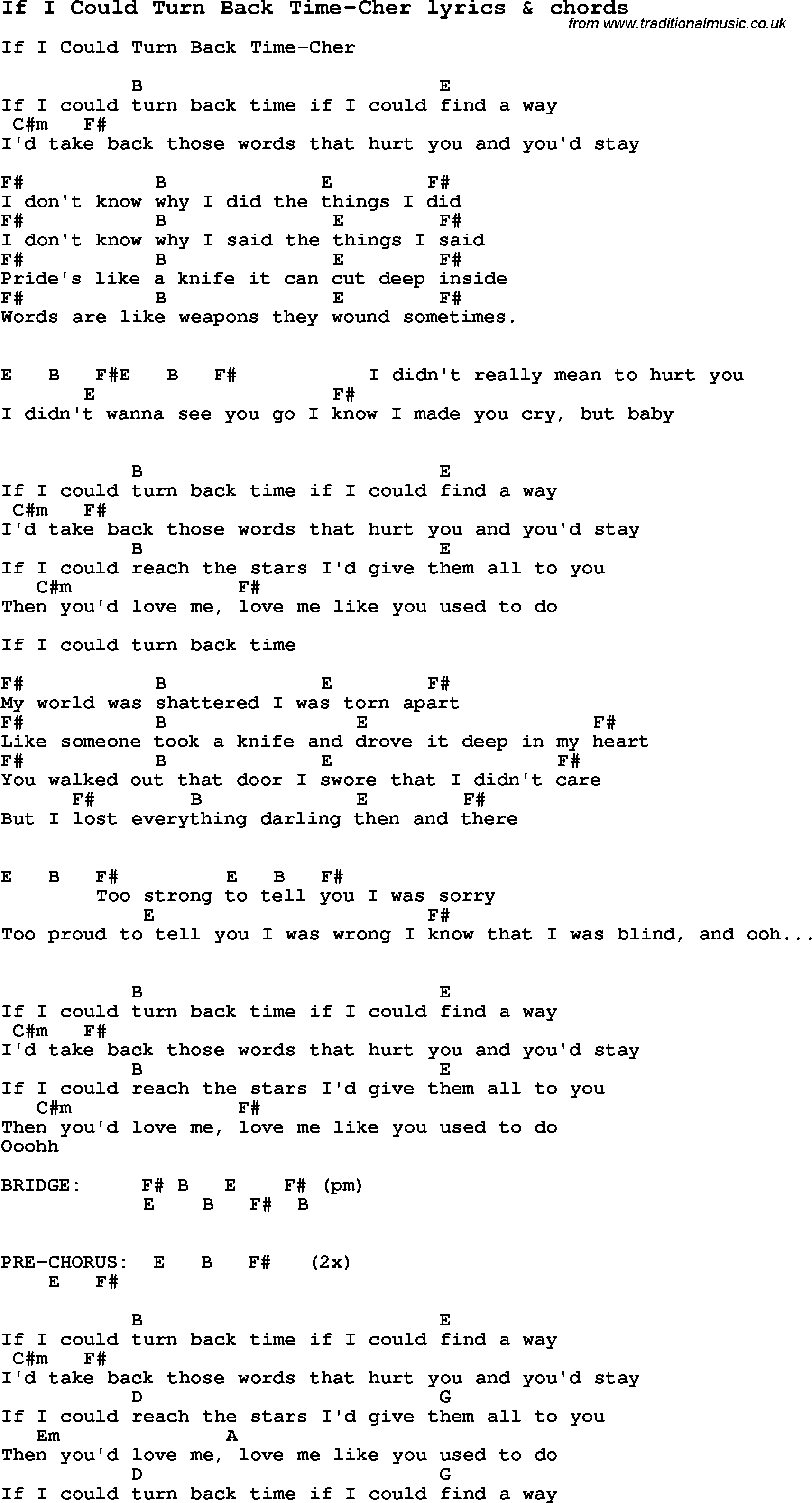 Love Song Lyrics for: If I Could Turn Back Time-Cher with chords for Ukulele, Guitar Banjo etc.