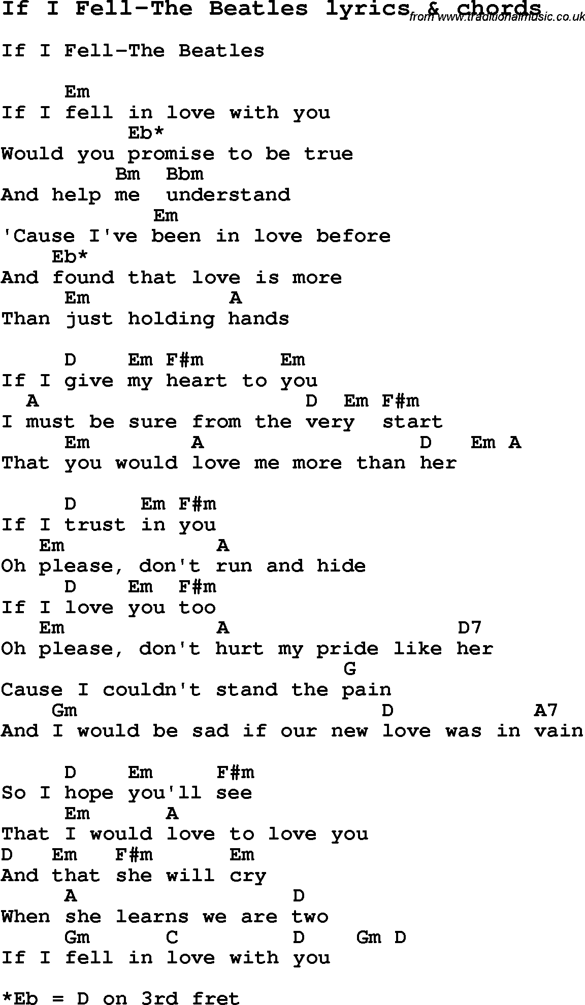 Love Song Lyrics for: If I Fell-The Beatles with chords for Ukulele, Guitar Banjo etc.