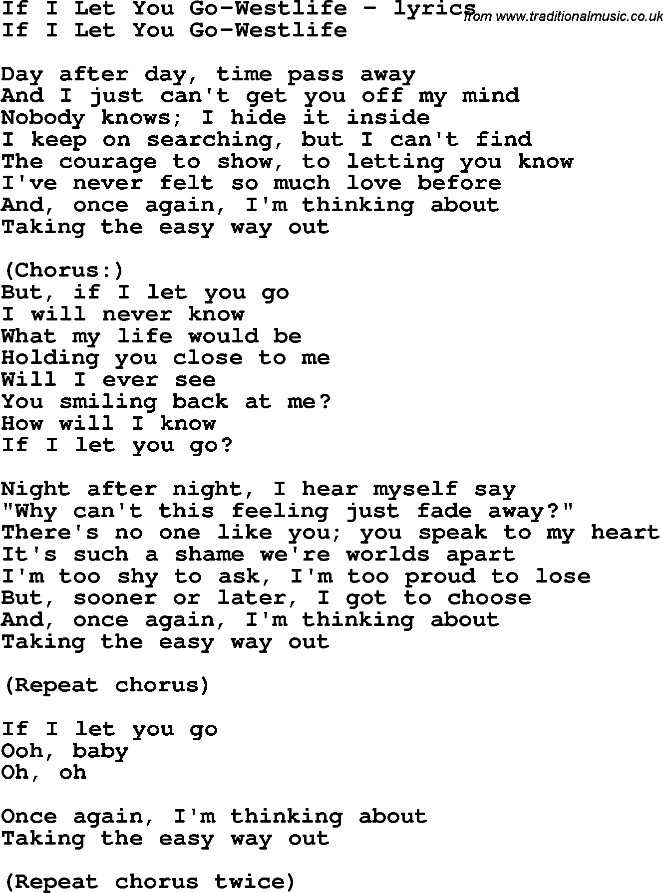 Love Song Lyrics for: If I Let You Go-Westlife