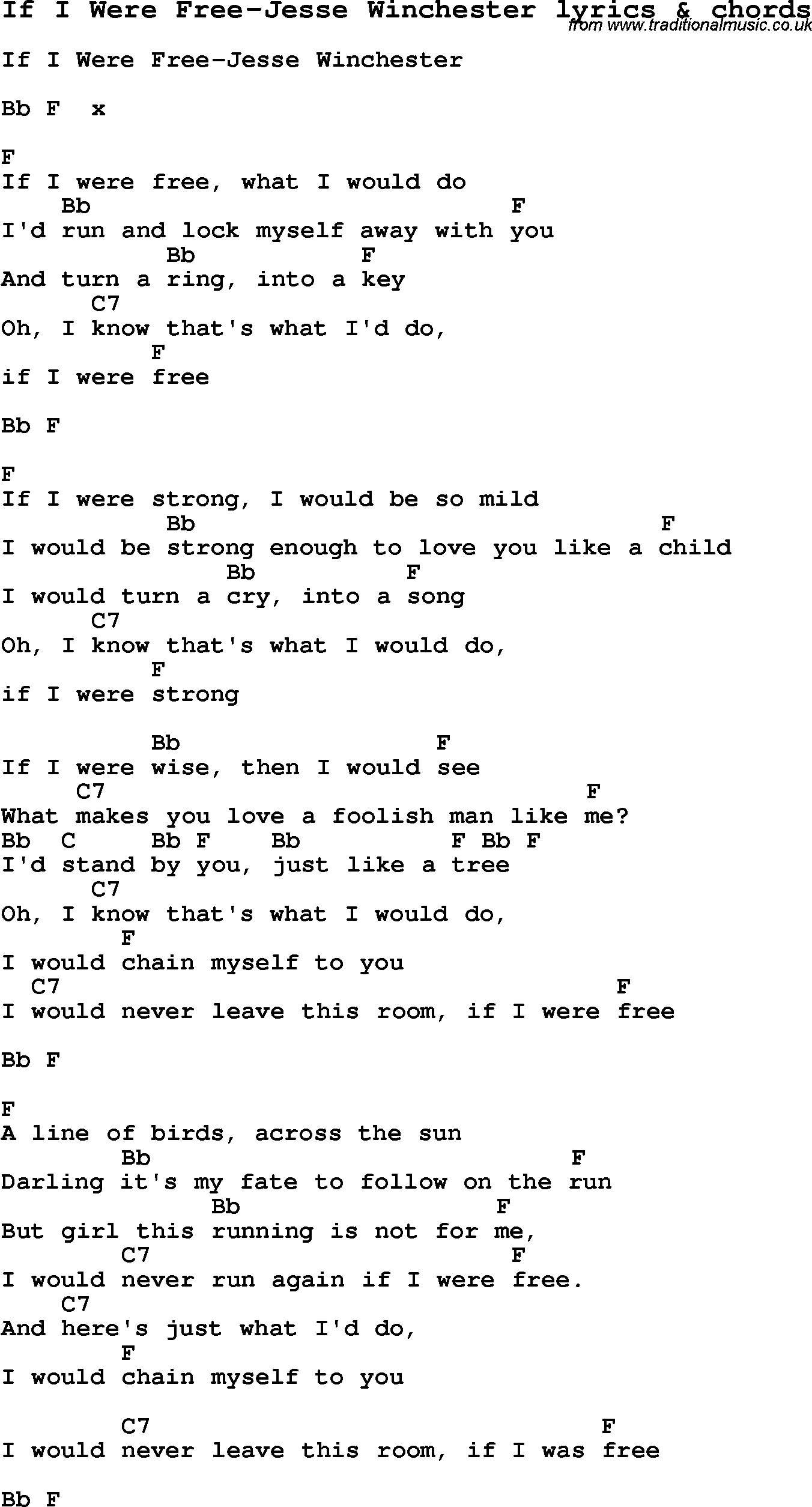 Love Song Lyrics for: If I Were Free-Jesse Winchester with chords for Ukulele, Guitar Banjo etc.