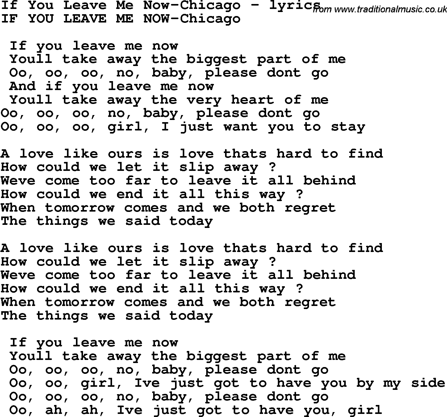 Love Song Lyrics for: If You Leave Me Now-Chicago