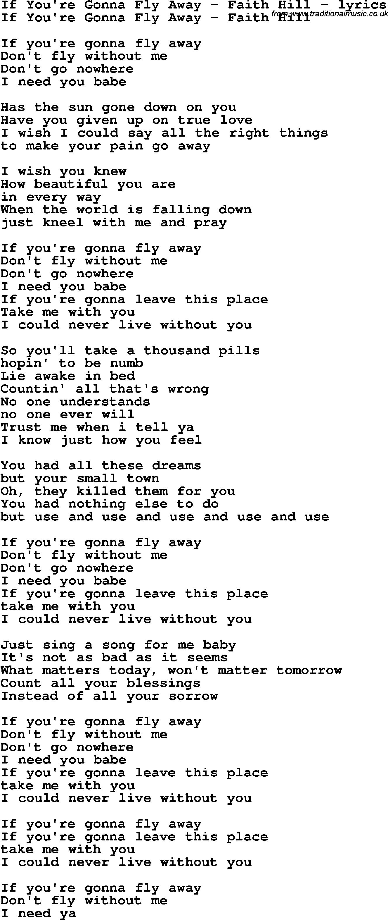 Love Song Lyrics for: If You're Gonna Fly Away - Faith Hill