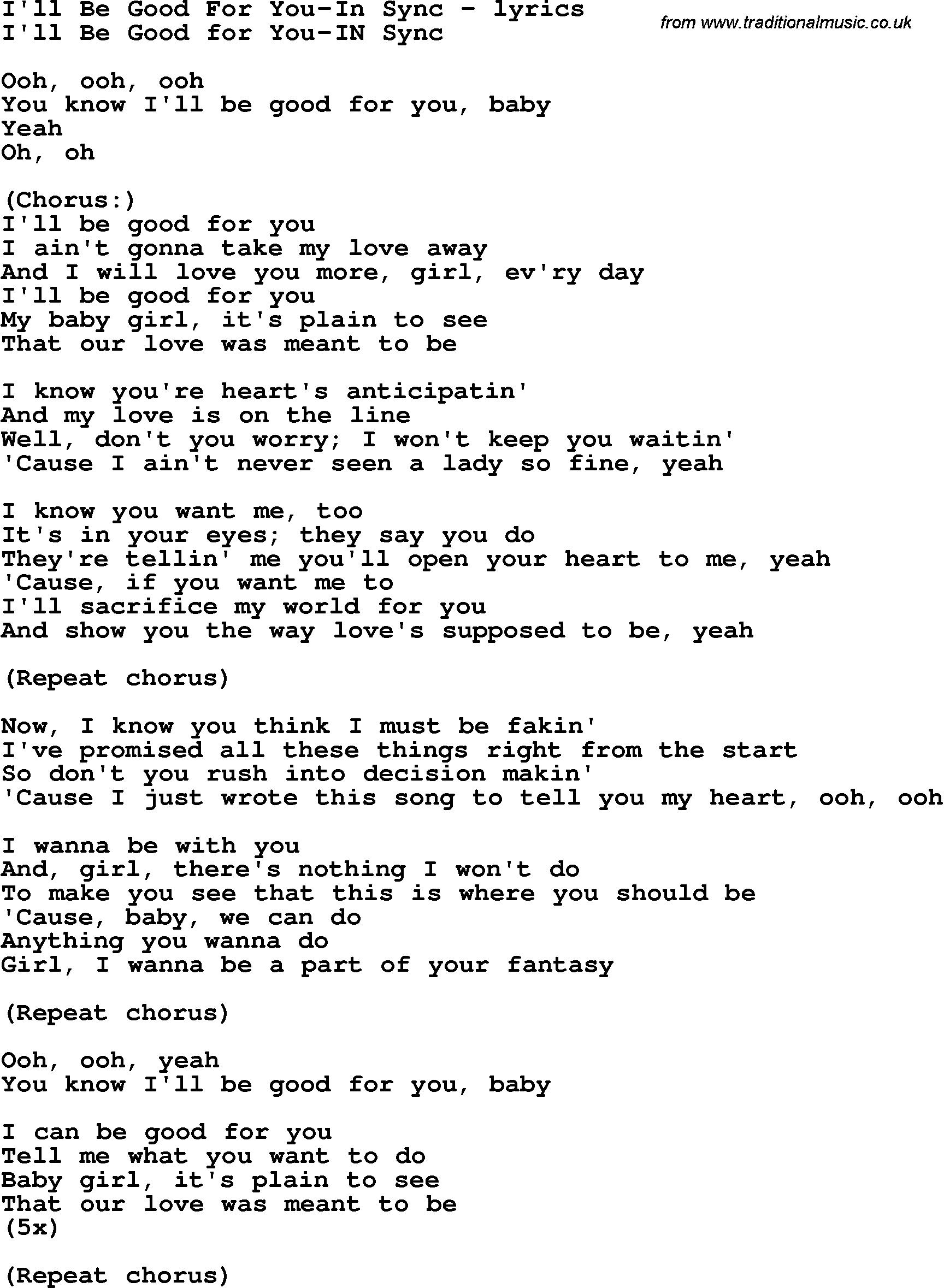 Love Song Lyrics for: I'll Be Good For You-In Sync