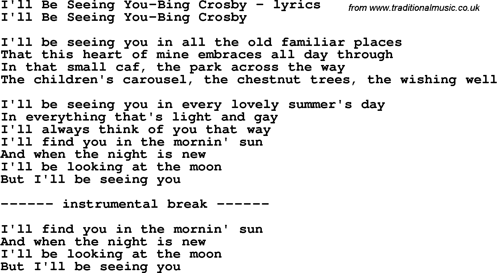 Love Song Lyrics for: I'll Be Seeing You-Bing Crosby