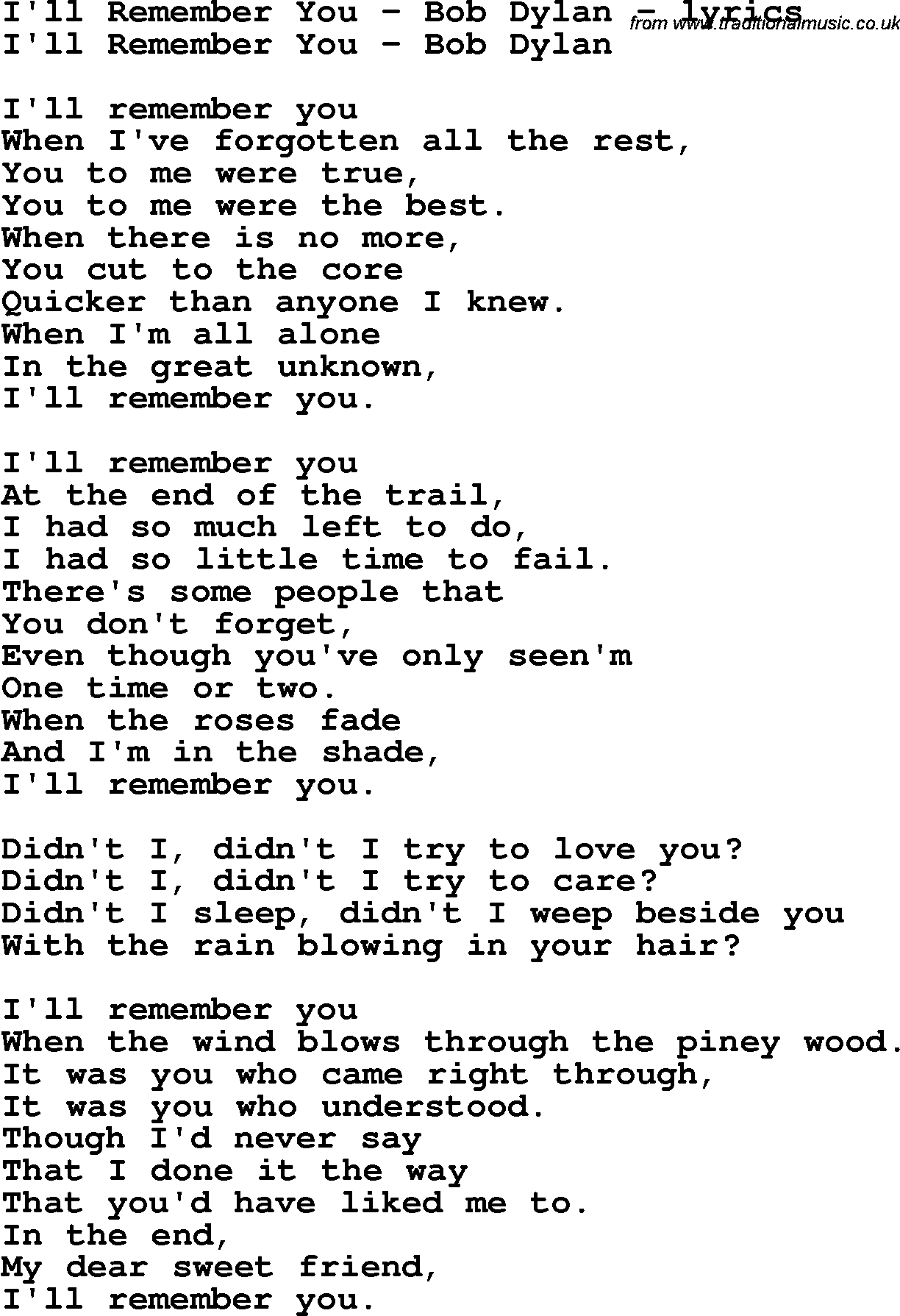 Love Song Lyrics for: I'll Remember You - Bob Dylan
