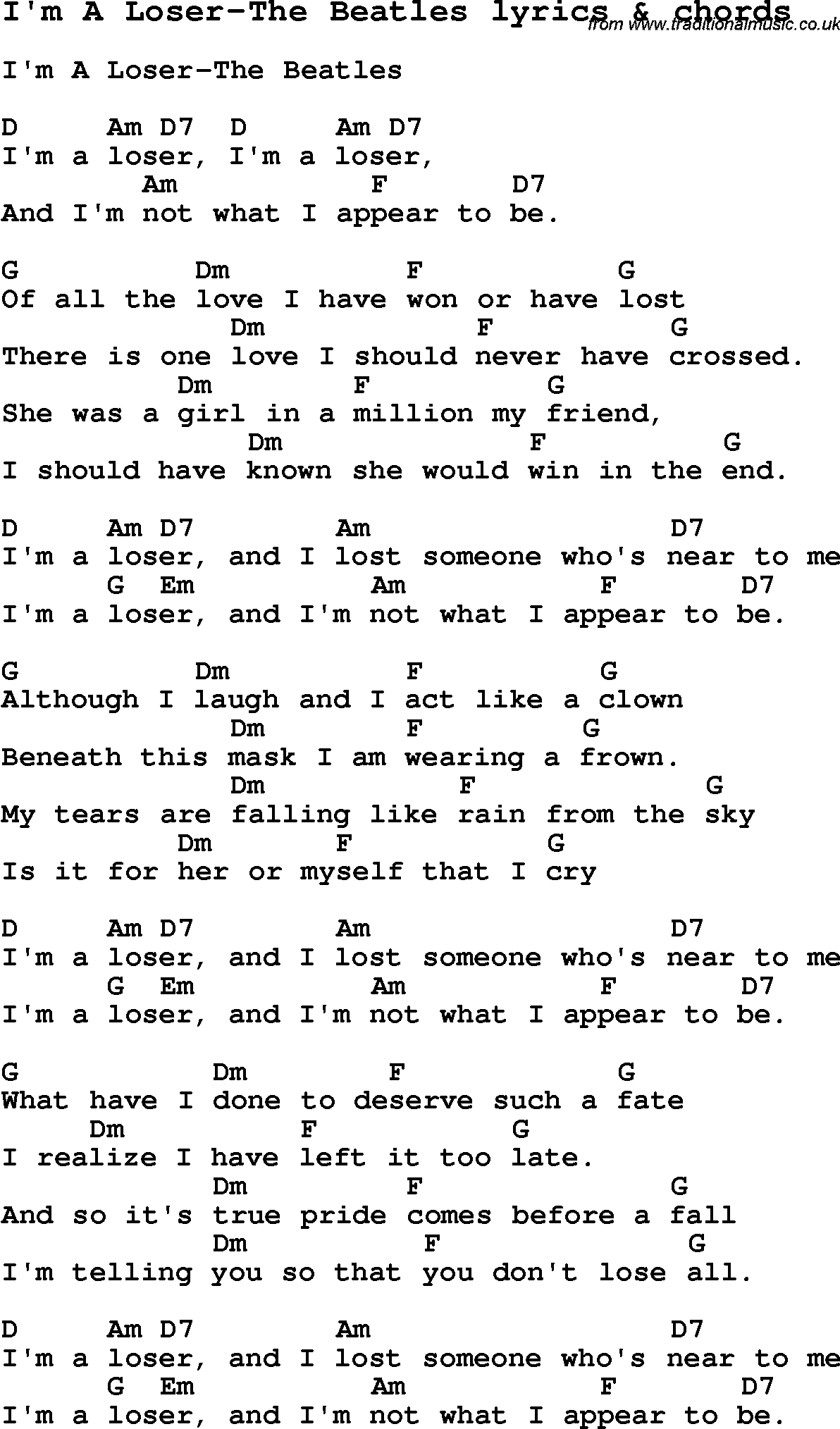 Love Song Lyrics for: I'm A Loser-The Beatles with chords for Ukulele, Guitar Banjo etc.
