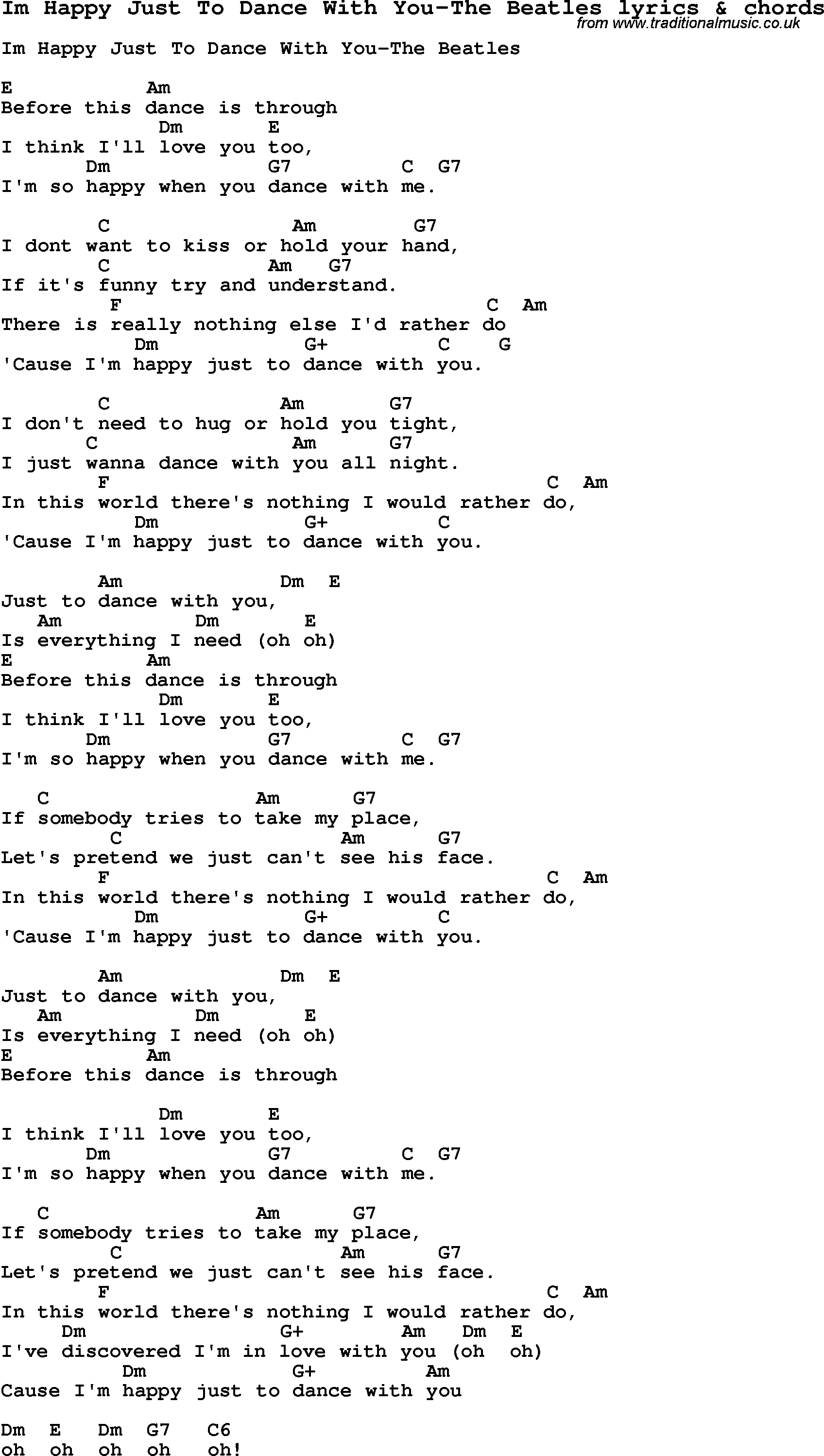 Love Song Lyrics for: Im Happy Just To Dance With You-The Beatles with chords for Ukulele, Guitar Banjo etc.