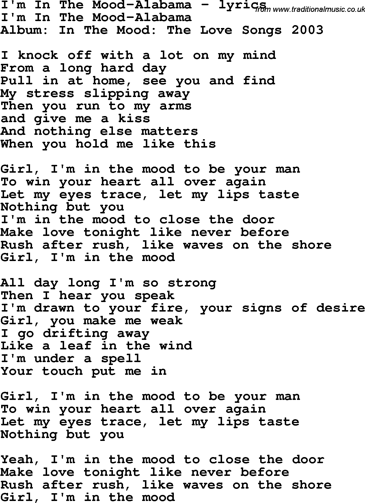 Love Song Lyrics for: I'm In The Mood-Alabama